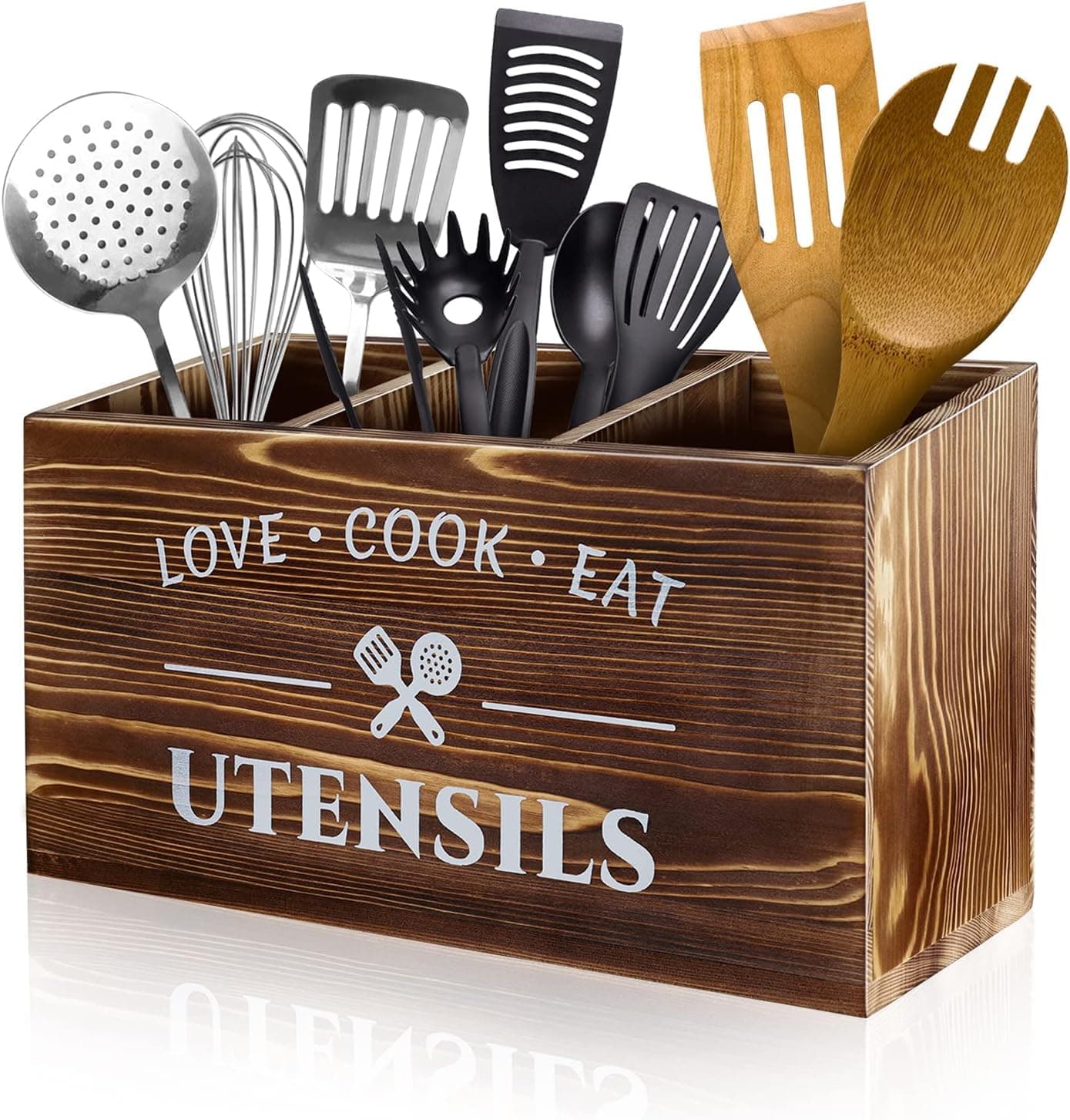 Brown Rustic Wood Utensil Holder for Kitchen Counter, 3-Compartment Farmhouse Caddy Organizer, Large Cooking Utensil Storage Box for Silverware, Fork, Spoon, Spatula, Countertop Decor