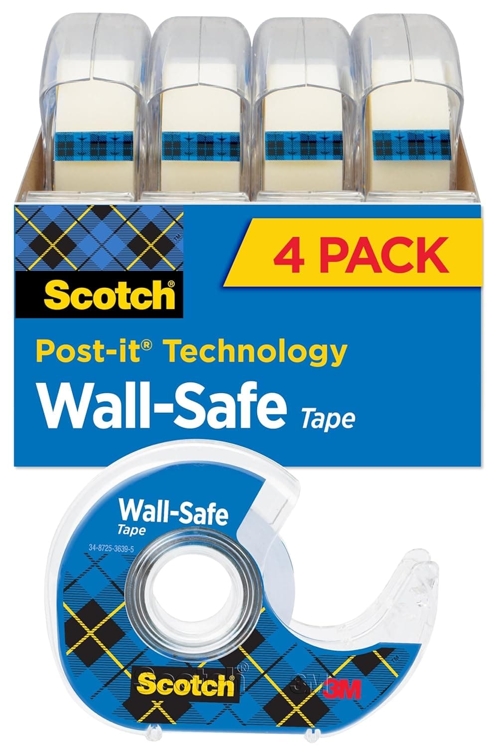 Scotch Wall-Safe Tape, Sticks Securely, Removes Cleanly, Invisible, Photo-Safe, Engineered for Office and Home Use, 3/4 x 650 Inches, 4 Dispensered Rolls (4183)