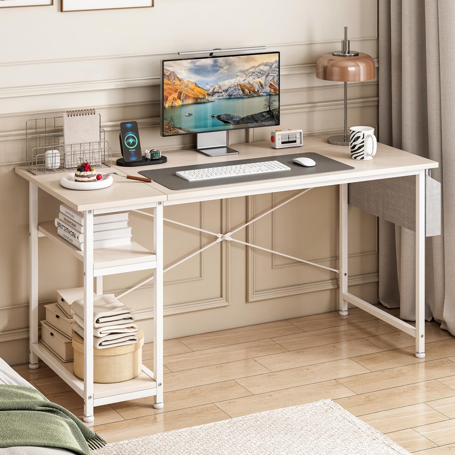 Gaming Computer Desk With Storage Bag, Large Office Table with 2 Storage Shelves, Study Workstaion with CPU Stand, PC Desk for Home Office, Bedroom, Gaming Room (Beige)