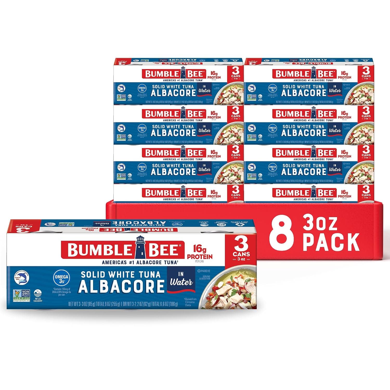 BUMBLE BEE Solid White Albacore Tuna In Water, Canned Tuna Fish, High Protein Food, Wild Caught, Gluten Free, 3 oz Cans, 3Count (Pack of 8)