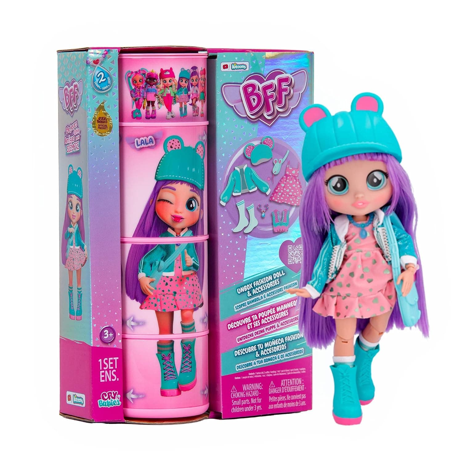 BFF by Cry Babies S2 Lala Collectible fashion Doll with long Hair, fabric Clothes & 9 Accessories - Toy Gift for Girls and Boys +5 Years