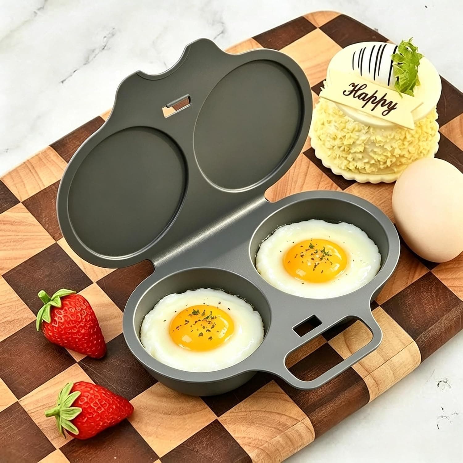 Grey Egg Poacher, Easy-Clean Microwave Egg Boiler Poacher, 2 Cavity Nonstick Poached Egg Maker With Lid, Egg Cooker, Double Drain Poached Cups Dining Specialty Cookware- Durable Plastic Omelette Maker