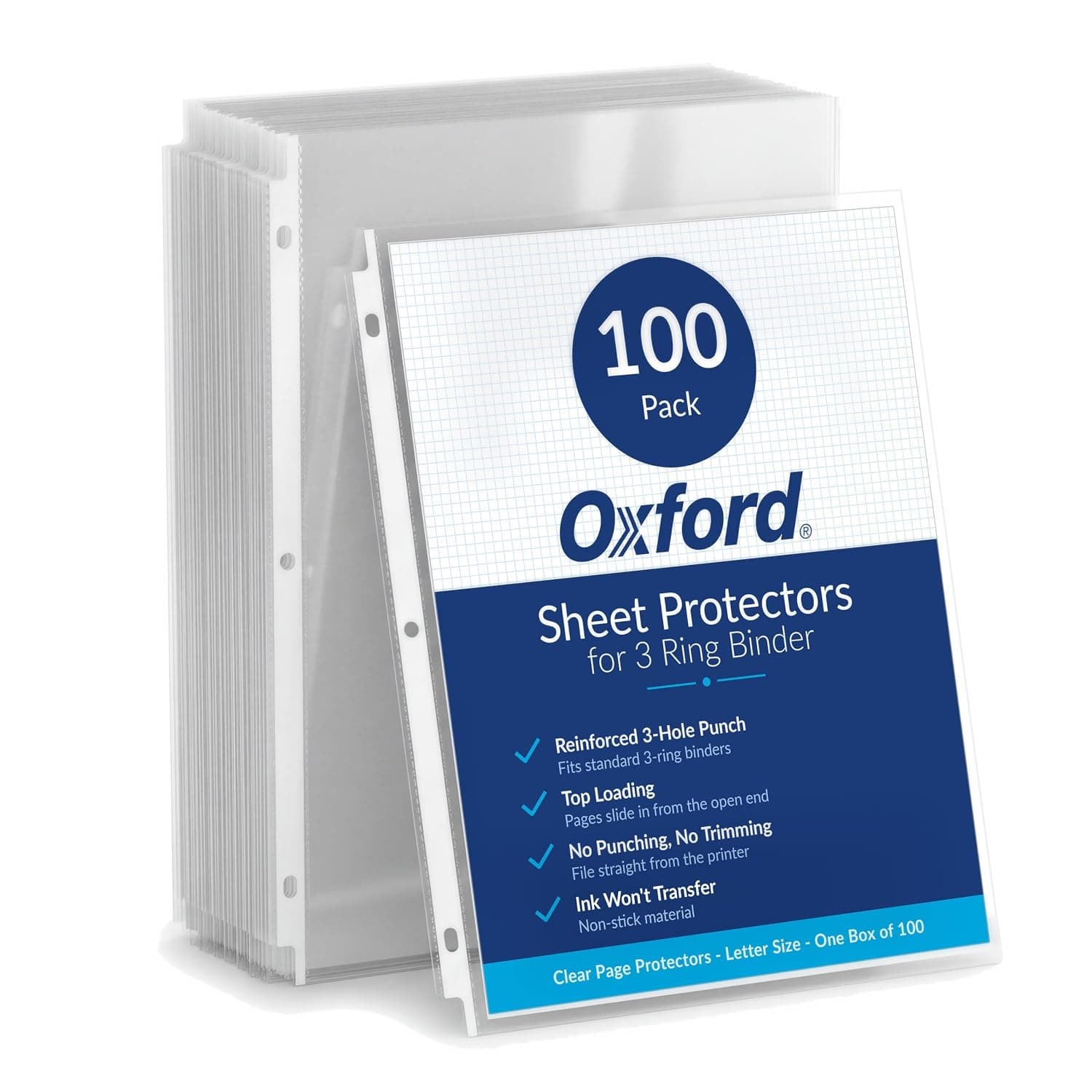 Oxford Lightweight Sheet Protectors, Clear Finish, Top Load, Letter Size Plastic Sleeves, Reinforced 3 Hole Punch for Binders, 100 per Box (33267)