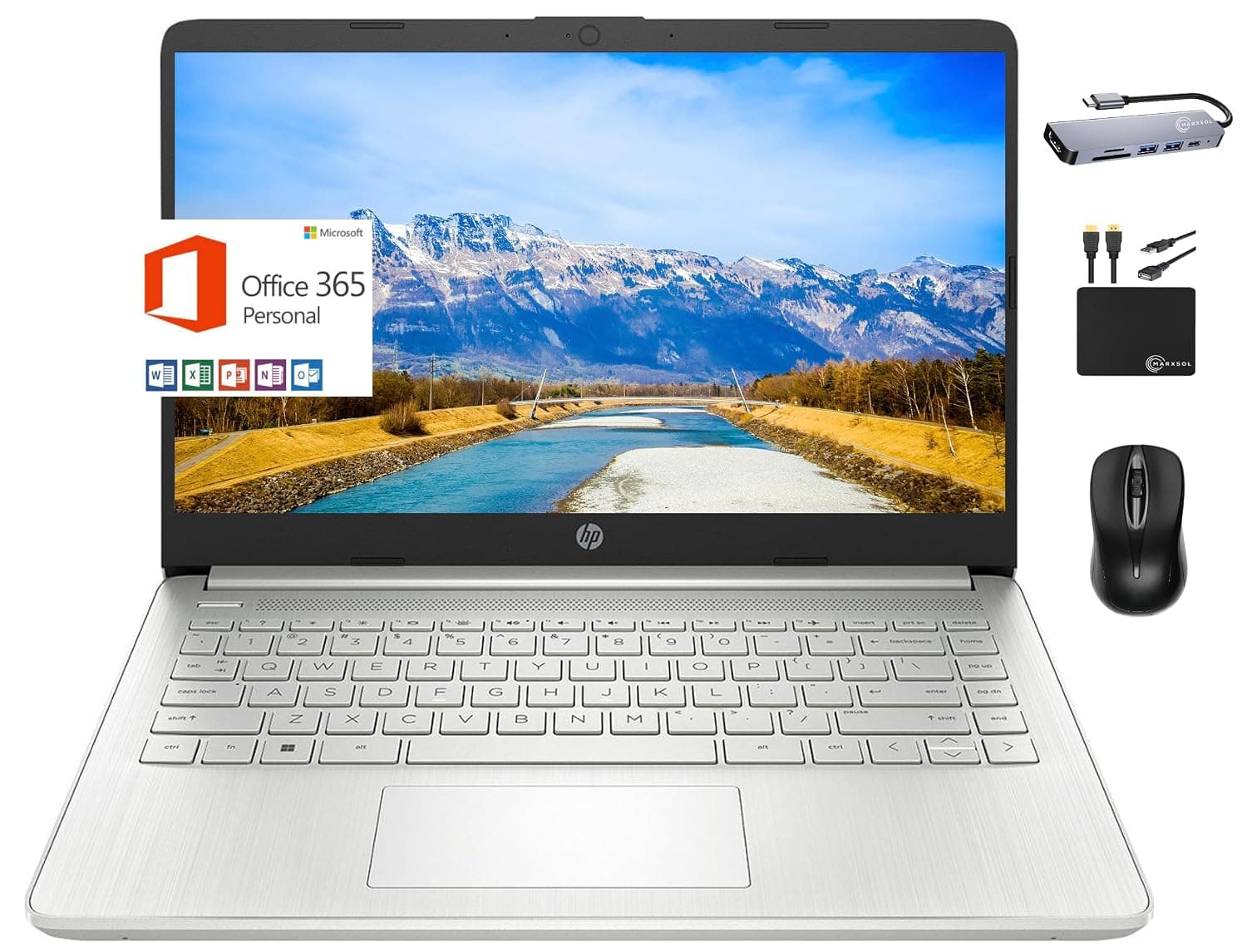 HP 2024 Premium 14" Micro-edge Portable Laptop Student Business, Intel Quad-Core N4120, 16GB RAM, 384GB (128GB eMMC+ 256GB Card), Webcam, WiFi, Windows 11S + 1 Year Office 365, MarxsolAccessory Silver