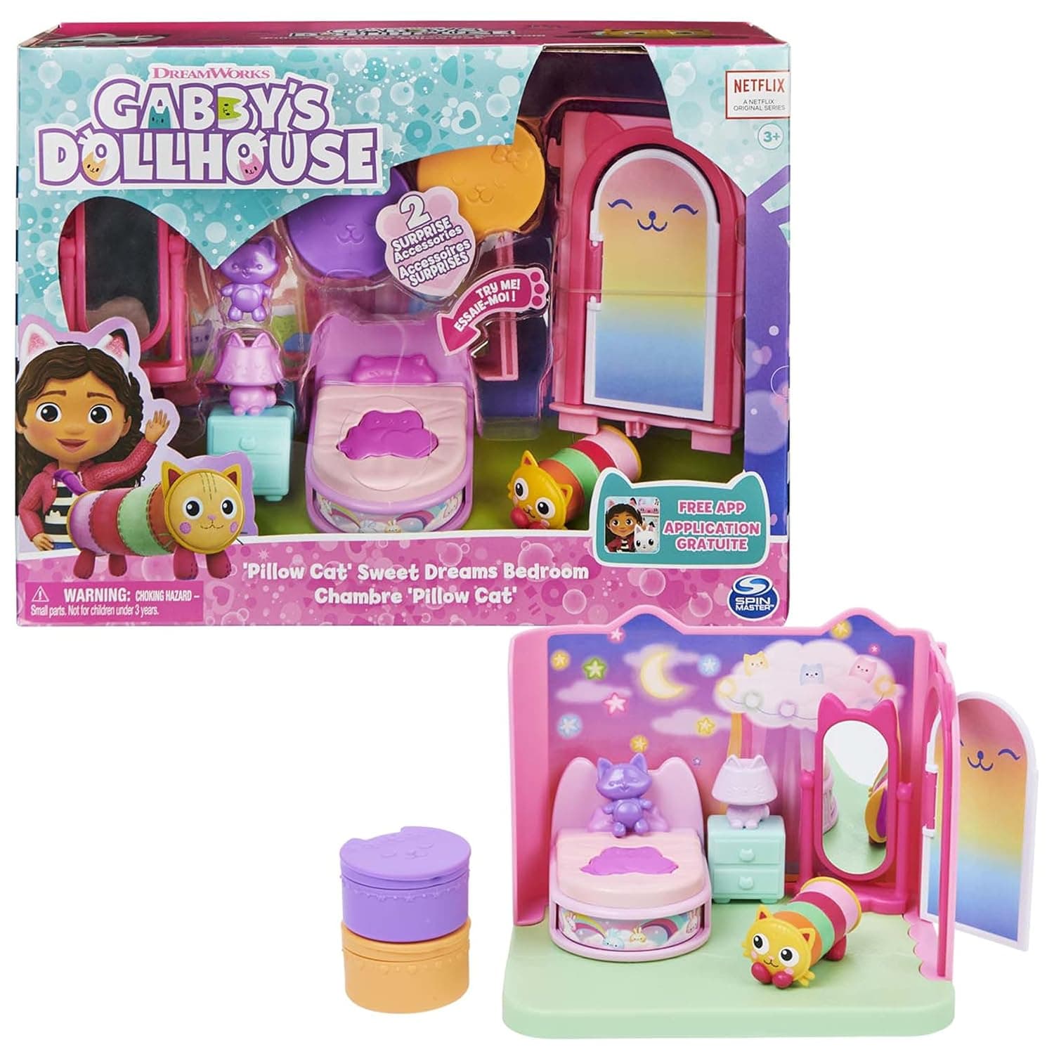 Gabby's Dollhouse Sweet Dreams Bedroom with Pillow Cat Figure and 3 Accessories, 3 Furniture Pieces and 2 Deliveries, Kids’ Toys for Ages 3 and above