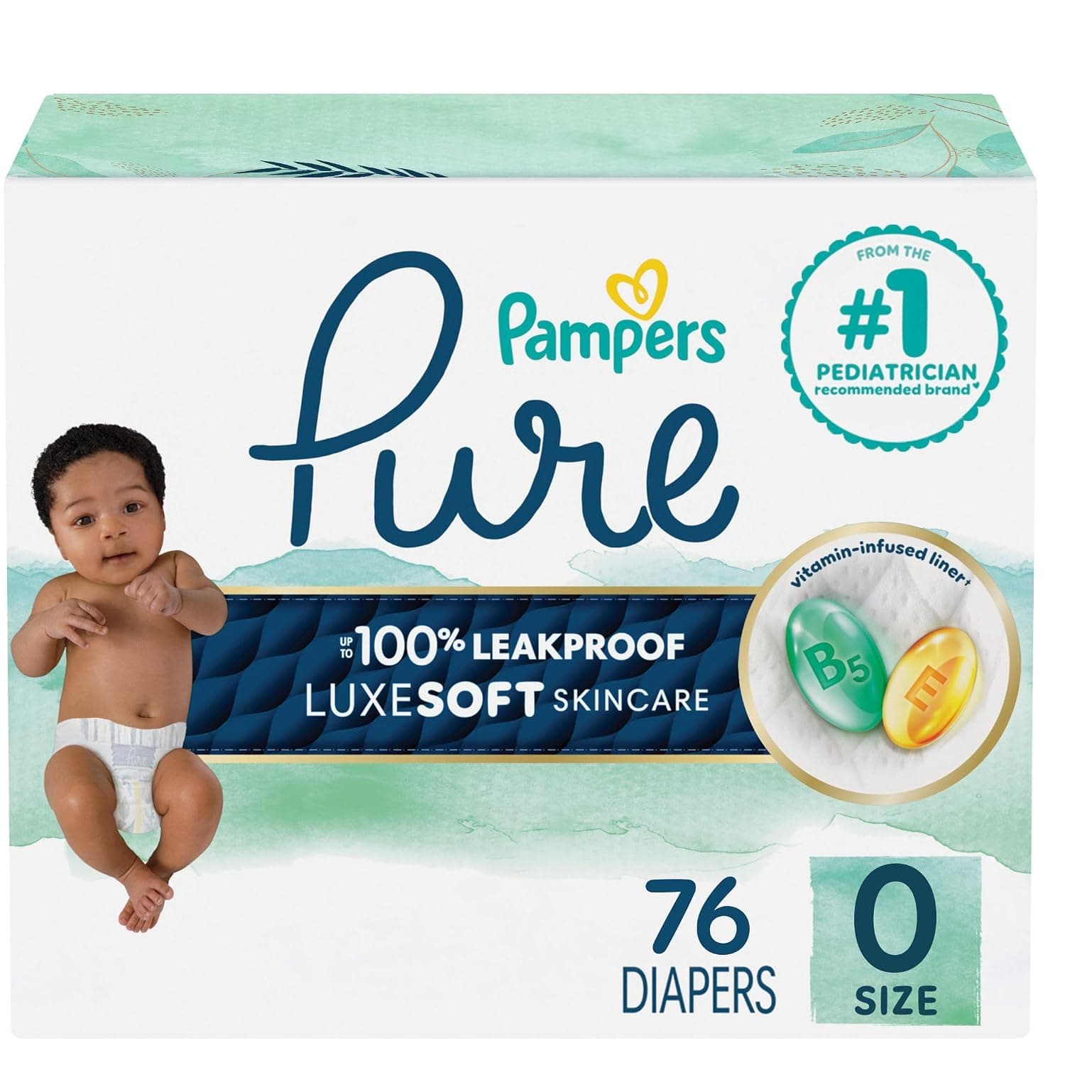 Pampers Diapers Size 0/Newborn, 76 Count - Pure Protection Disposable Baby Diapers, Hypoallergenic and Unscented Protection, Super Pack (Packaging & Prints May Vary)
