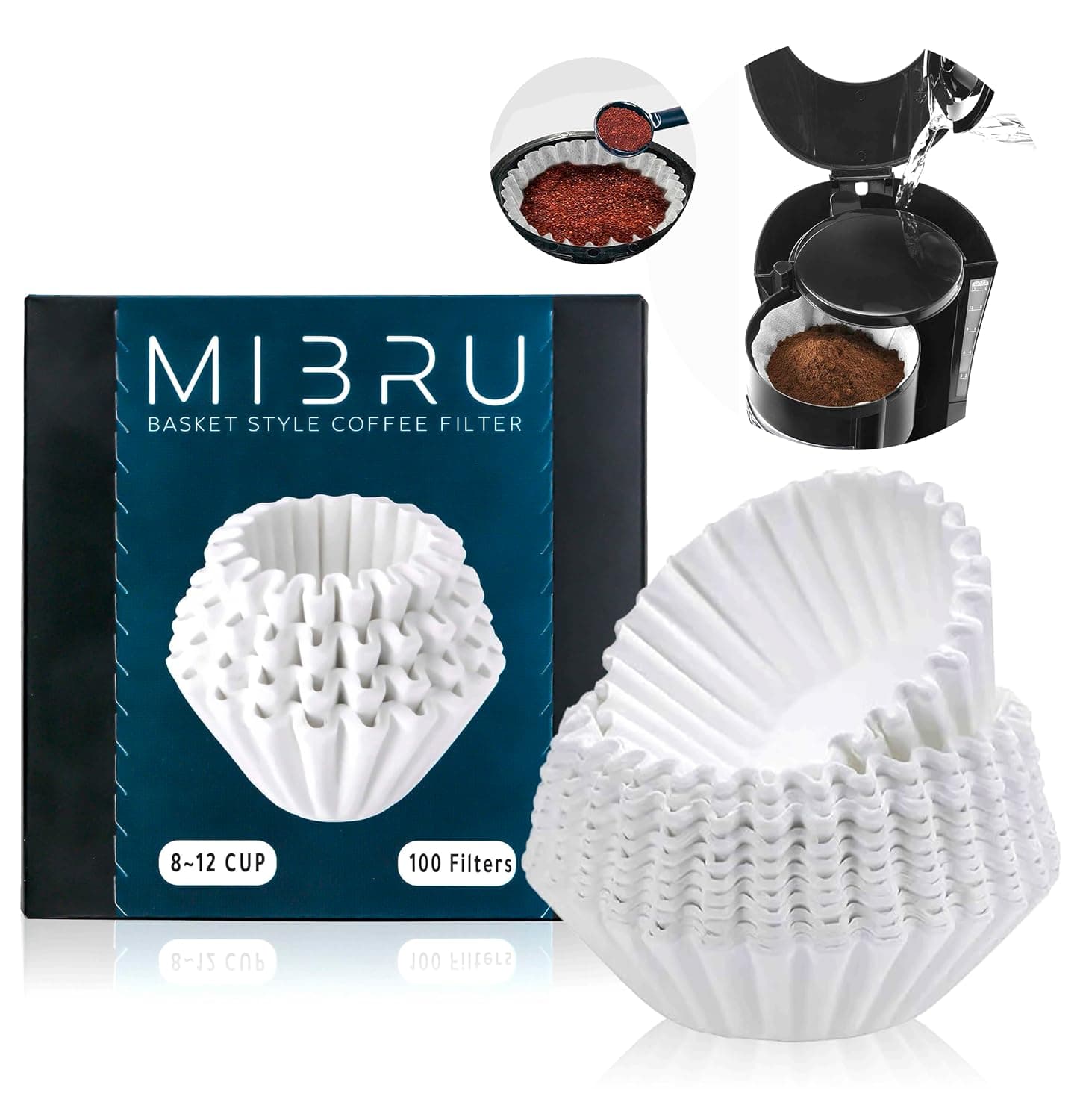 MIBRU 100 Pieces American Coffee Filters Paper Set Made To Fit Coffee Machines 8 Cups Up To 12 Cups For Optimal Cafe Taste White Suitable For Conventional Makers 200mm B03