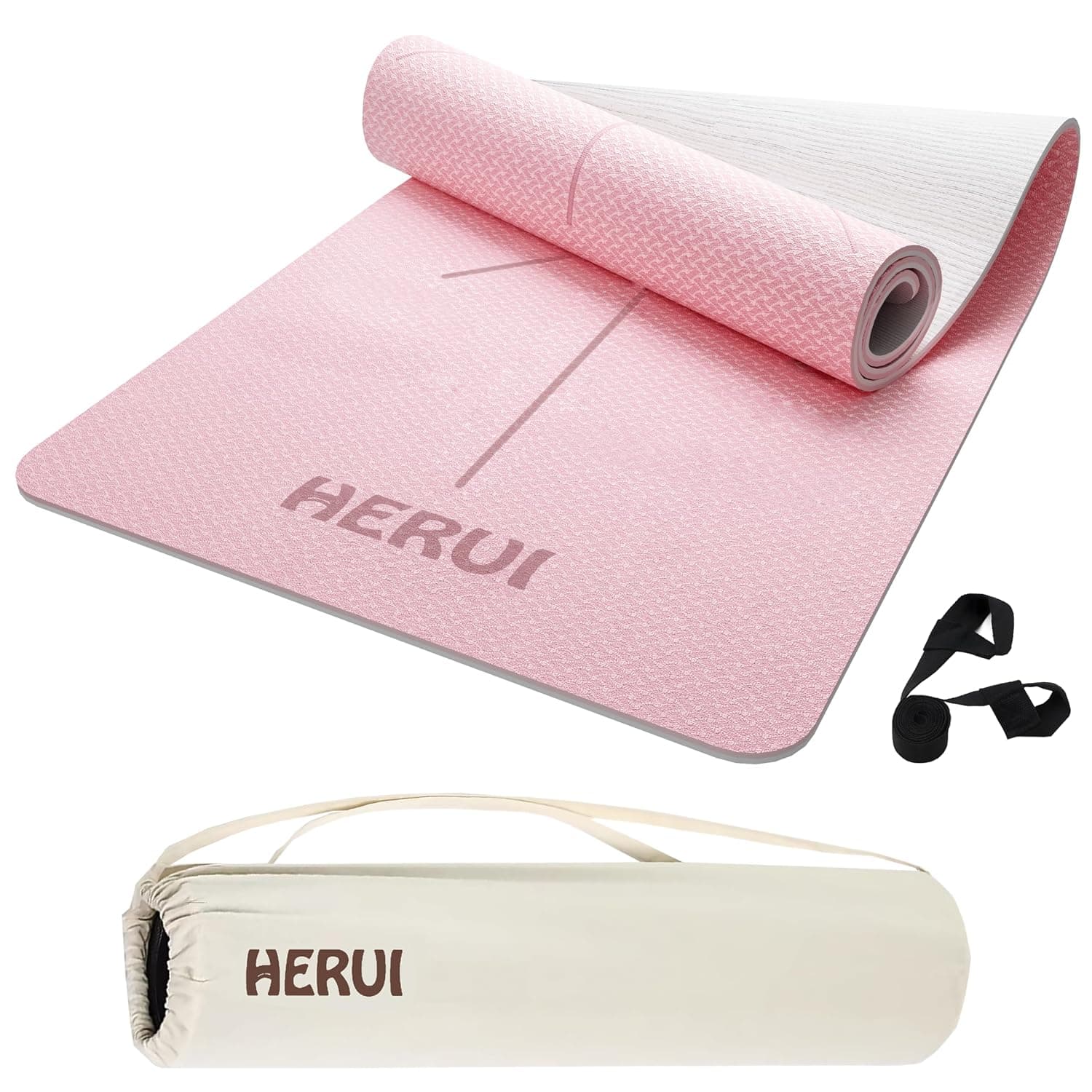 HERUI Yoga Mat Alignment Lines Anti-Slip Exercise Mat with Carrying Bag Fitness Mat for Pilates 183CM*61CM*6MM Thickness for Woman Man Beginners