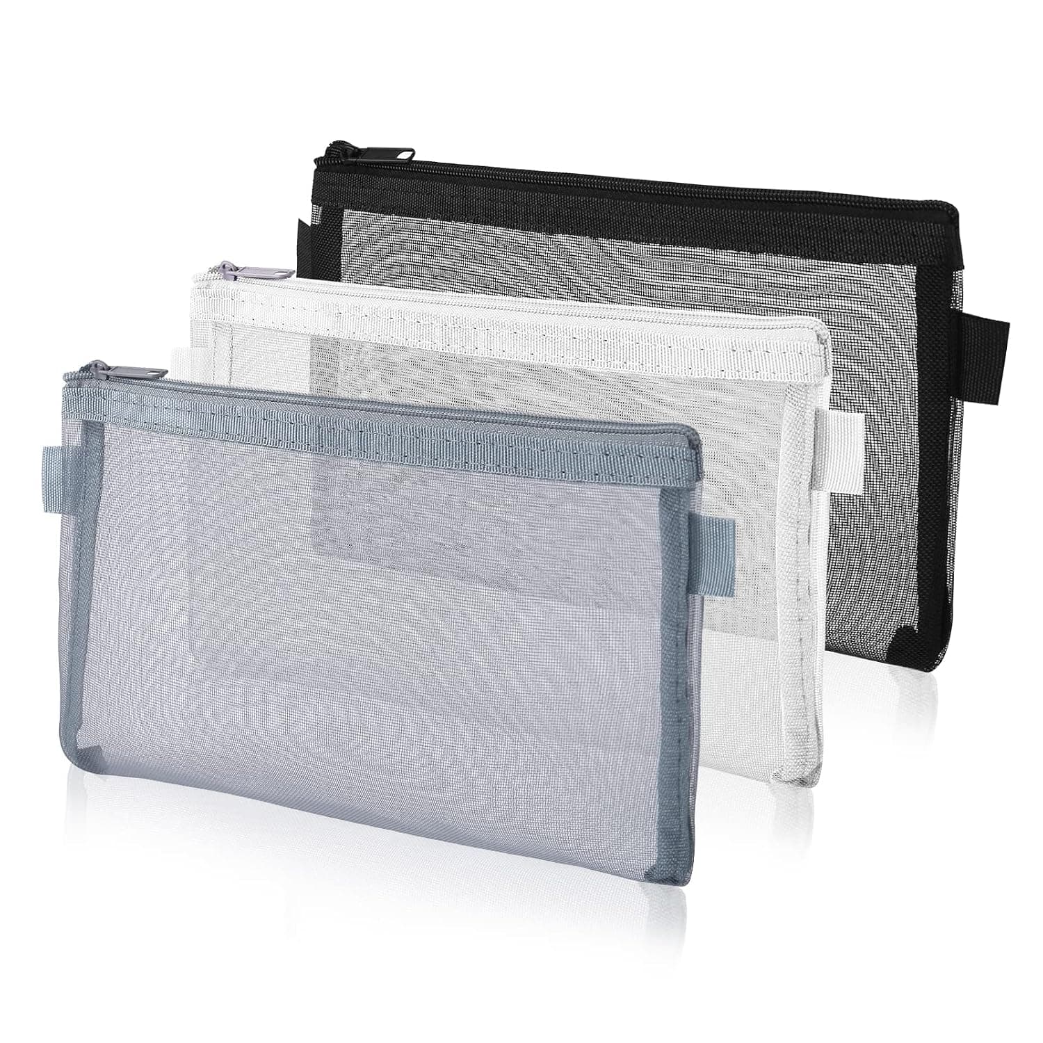 Mesh Pencil Pouch and Stationery Organizer for School Office and Travel Accessories Set of 3 Pieces Nylon Zipper Bags for Cosmetics and Pens 21x12cm Size in Black White and Grey Colors