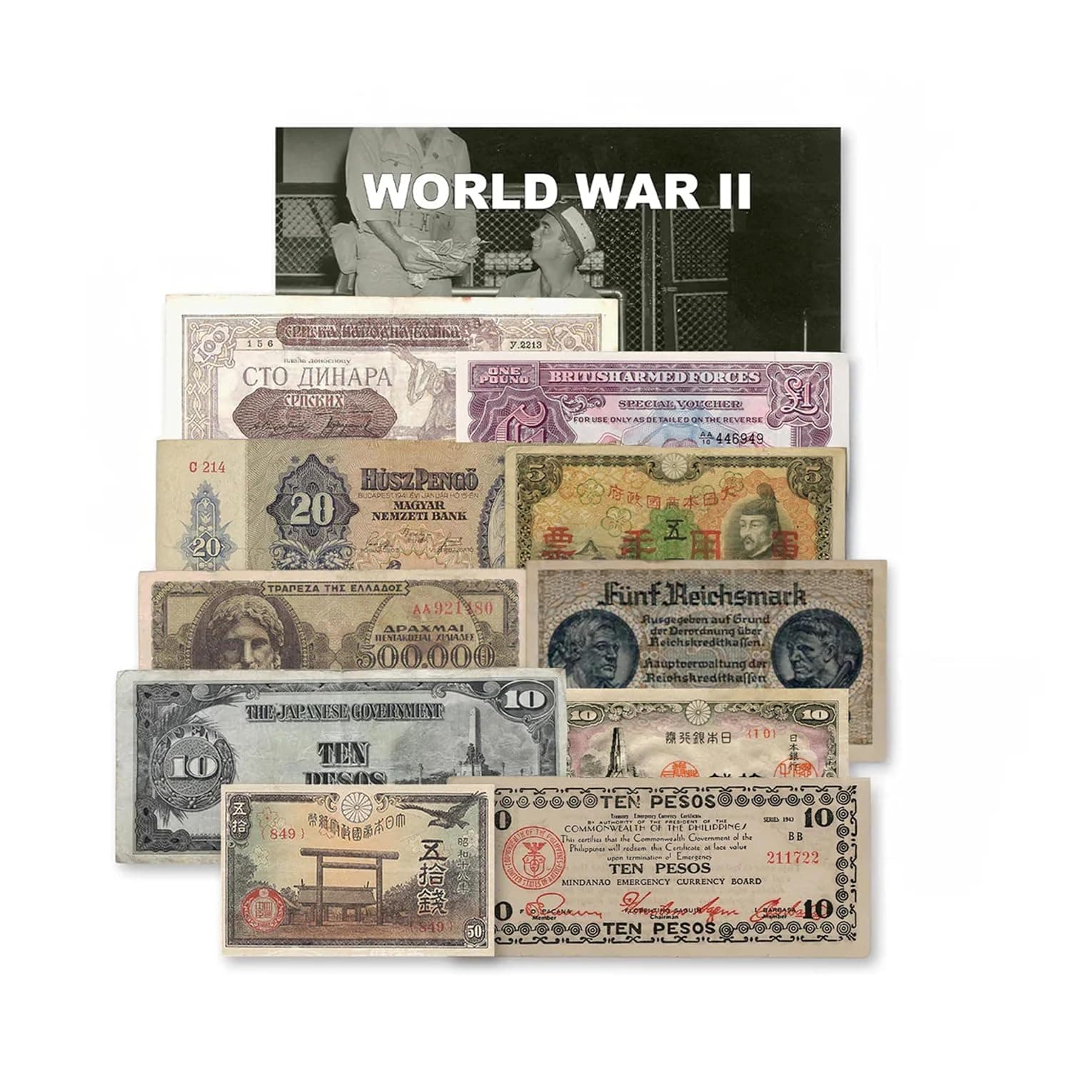 IMPACTO COLECCIONABLES - WW2 World Currency – Banknotes to Build Your Foreign Currency Collection – 10 Circulated Allied & Axis Powers Banknotes, Issued 1939-1945 – Banknotes Collection with