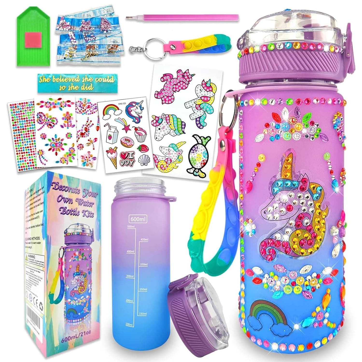 Decorate Your Own Water Bottle Kits for Girls, Fun Arts & Crafts Gift Toys for Ages 4-6-8-10, Gem Painting Crafts, Fun Arts and Crafts Gifts Toys for Girls Birthday (Purple)