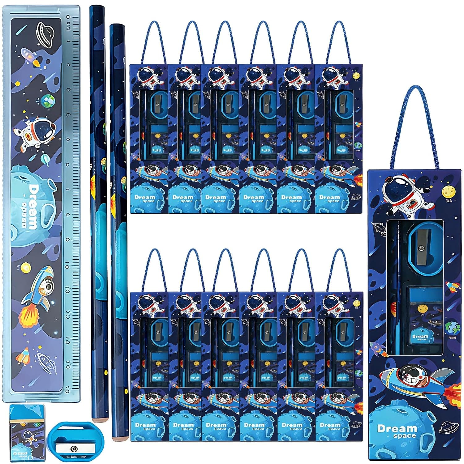 Andanna 12 Stationery Sets,Back to School Supplies Kit with Pencils, Erasers, Rulers & Sharpeners,Supplies Kit for Boys Girls,Party Supplies, Birthdays Gift (Space theme)