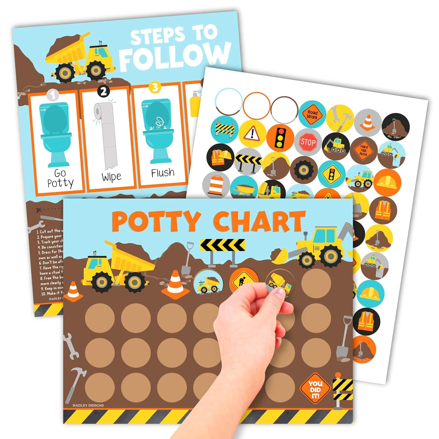Hadley Designs Construction Potty Training Chart for Toddlers Boys - Potty Chart for Boys with Stickers, Kids Potty Training Chart for Toddlers Boys, Potty Sticker Chart for Toddlers Boy | Sticker Chart for Kids Potty Training Rewards for Boys Toilet Success, 8.5x11 Construction Potty Chart for Toddlers Boys