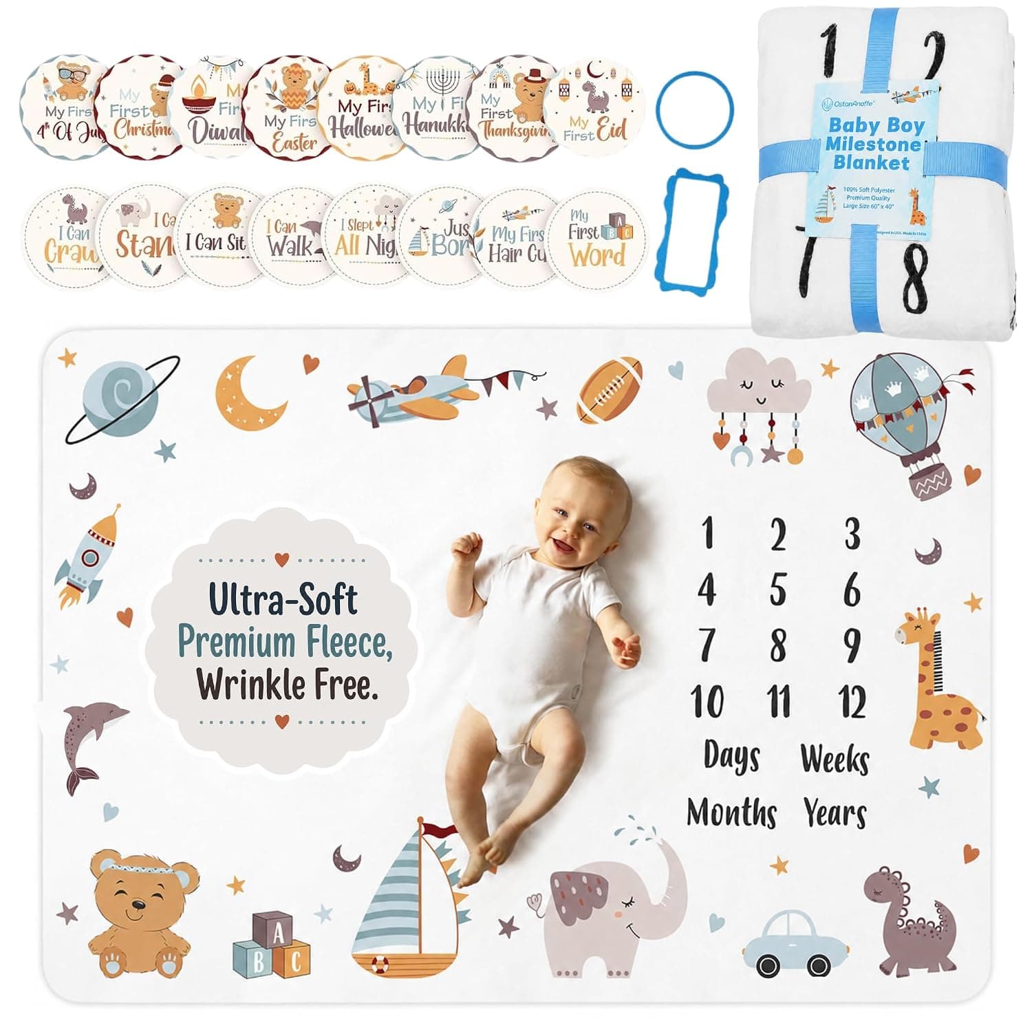 Monthly Milestone Blanket for Baby Boy, First 12 Months Growth Chart, Newborn Essentials, Large Size 60" x 40", Soft Fleece Photo Blanket, 16 Character Stickers | Ultra-Soft Premium Fleece, Wrinkle Free, Machine Washable, Fade-Resistant & Durable, Capture Every Milestone, Gift Set