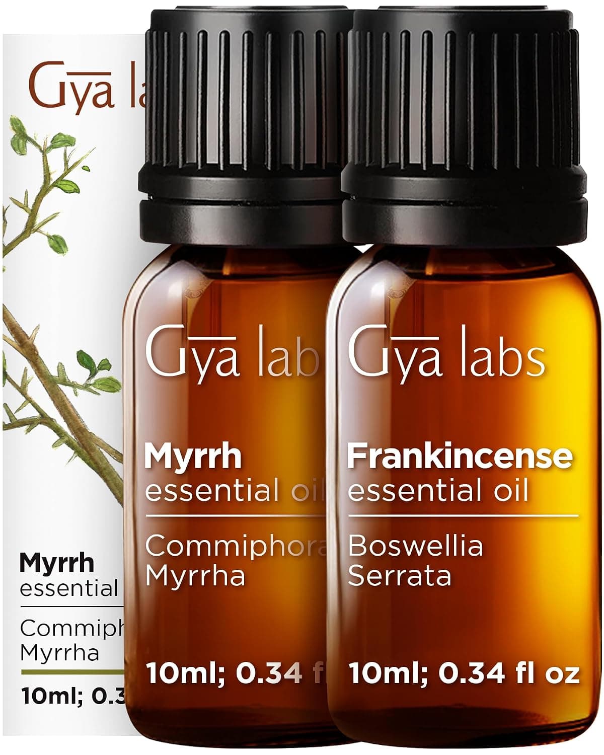Gya Labs Frankincense and Myrrh Essential Oil for Diffuser & Aches - Therapeutic Grade Frankincense and Myrrh Essential Oils for Skin & Candle Making (0.34 fl oz x 2) | Pure Essential Oil Duo for Diffuser, Skin & Face - Grounding, Soothing Aromatherapy Scent - Gya Labs