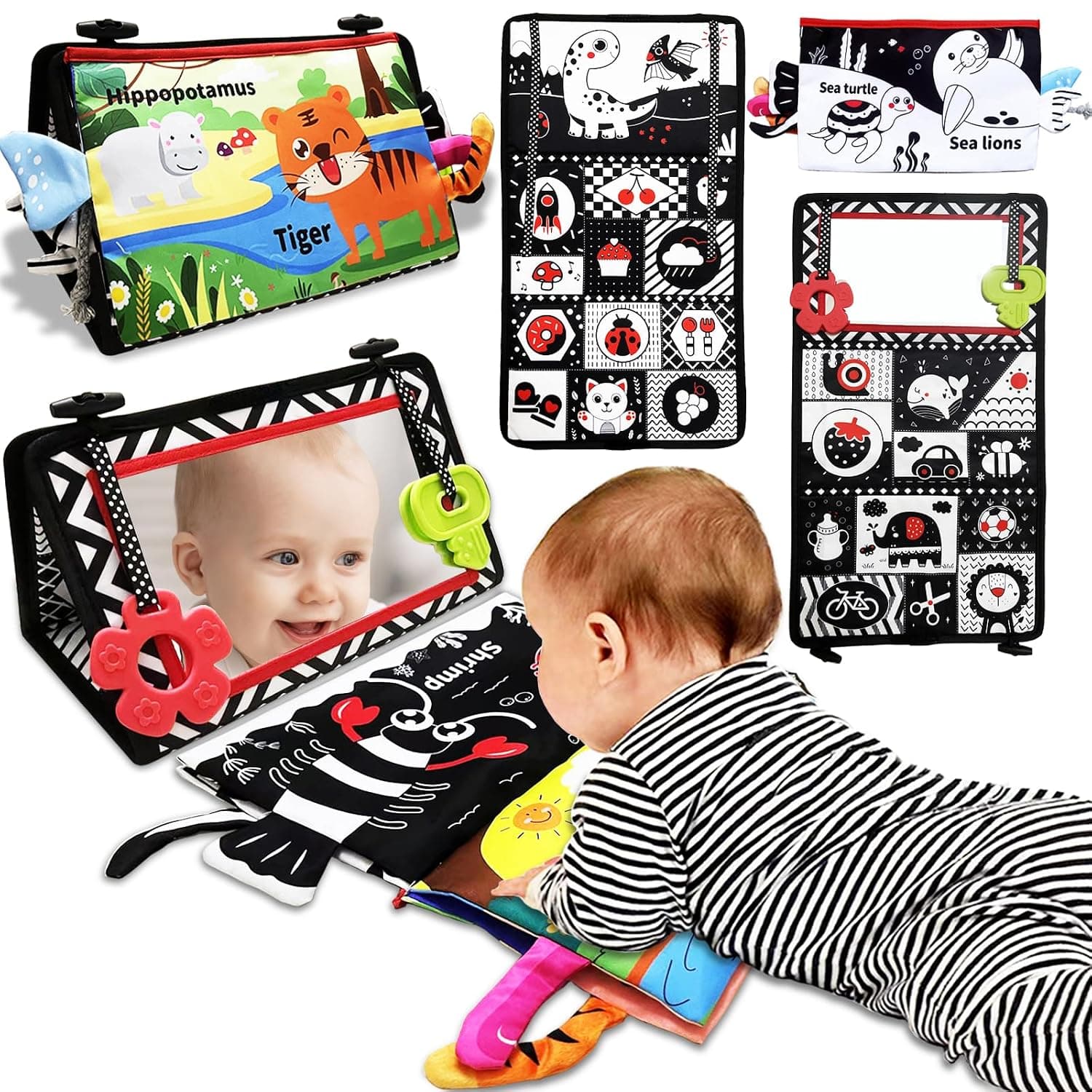 Tummy Time Mirror Newborn Toys: Black and White Infant Tummy Time Toys 0-3 0-6 6-12 Months Babies High Contrast Baby Toy with Baby Book & Teethers Montessori Sensory Floor Toy for Boy Girl Baby Gifts