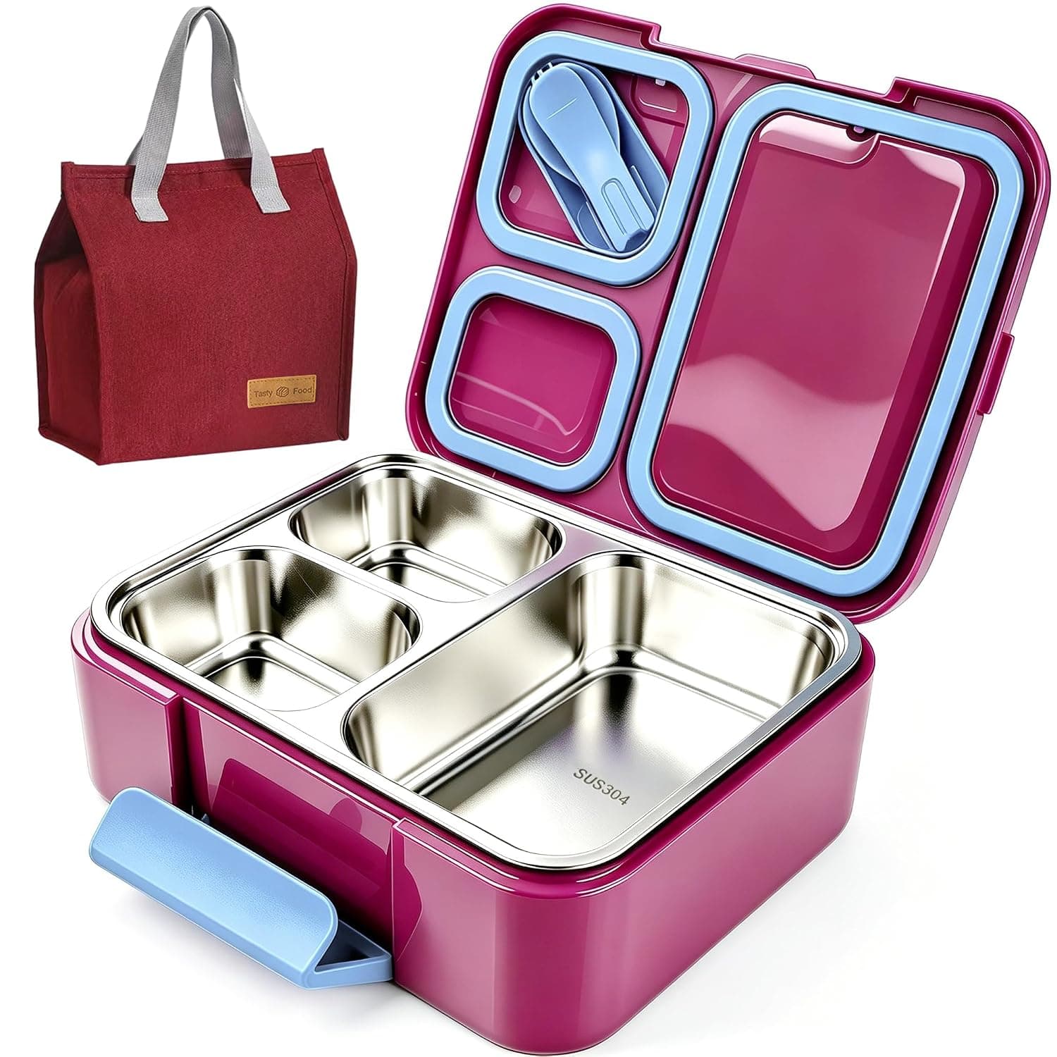 Stainless Steel Bento Lunch Box for Kids,Microwave-Safe 3-Compartment Leakproof Snack Container with Lunch Bag for Boys,Girls, 304 Tiffin Box Food Storage for School,Office, Travel (Red)