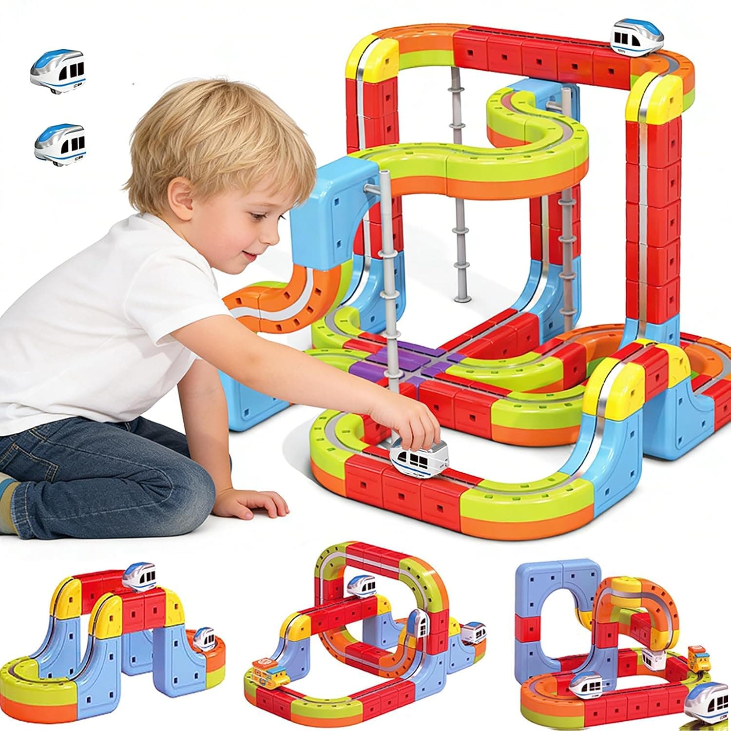 88Pcs Electric Train Set with 2 White Vehicles, 3D Infinity Tracks, DIY Racing Car Toy, Modular Building Blocks Free Assembly, STEM Learning Construction Playset for Kids Toddlers Gift