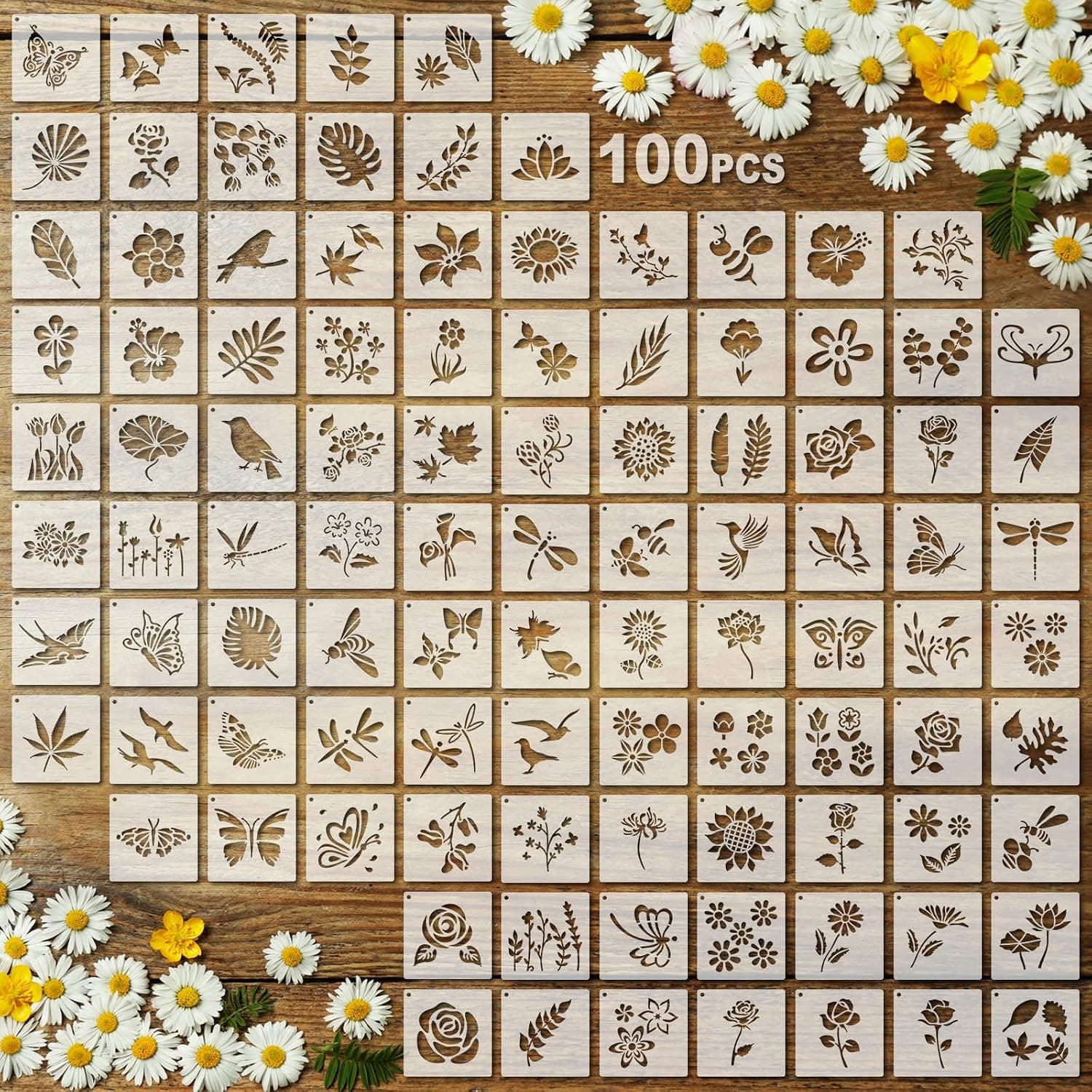 Fainne 100 Pcs Stencils for Painting on Wood Reusable Stencil Crafts Drawing Templates Holiday Stencils Wall Paper Stencil Set for DIY Art Scrapbook Home Decor 2 x 2 Inch (Flower, Plants)
