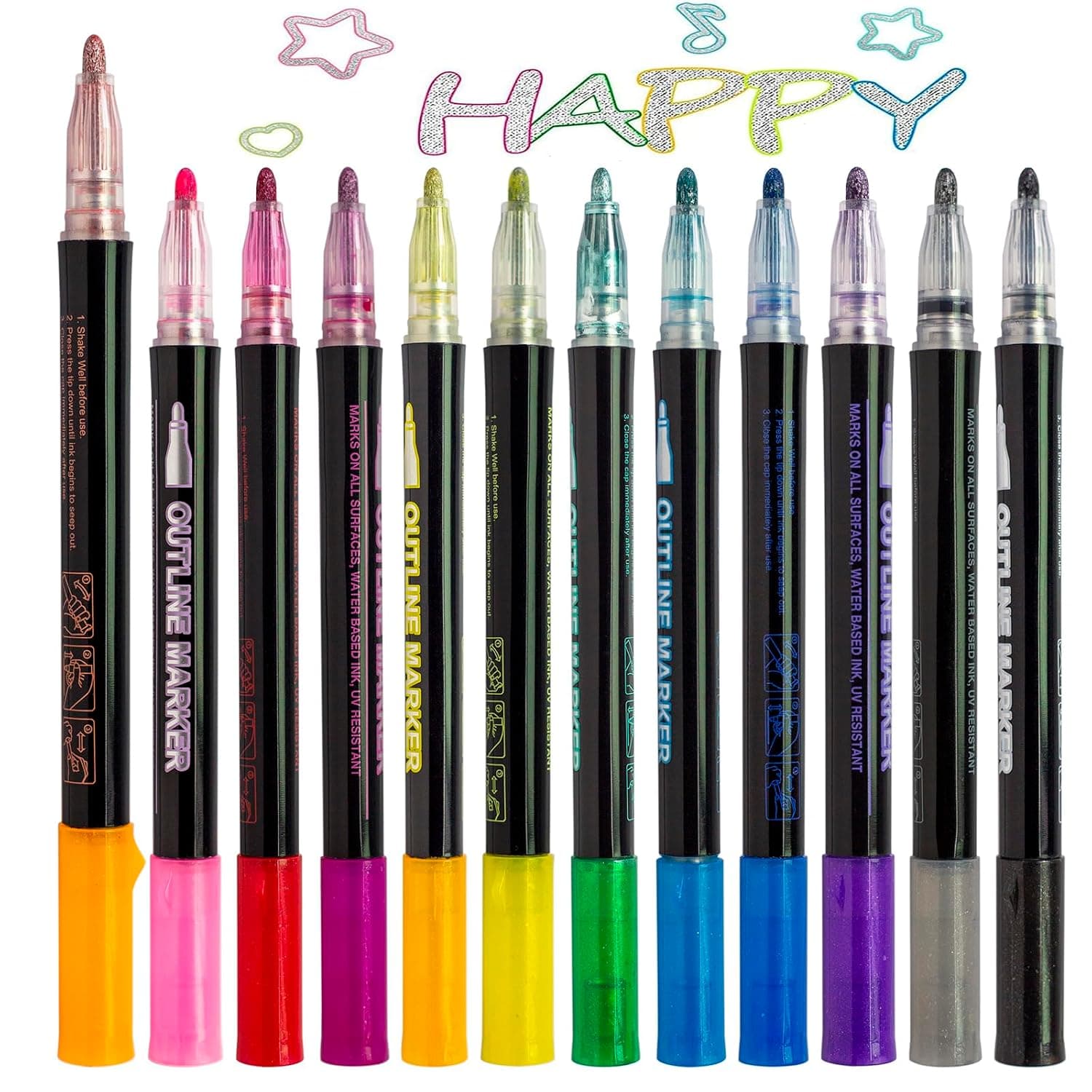 Double Line Outline Shimmer Marker Set, 12 Color Self-Outline Metallic Marker Pens for Greeting Cards, Drawing, Art, DIY Crafts, Posters, Journals, Scrapbooking Painting