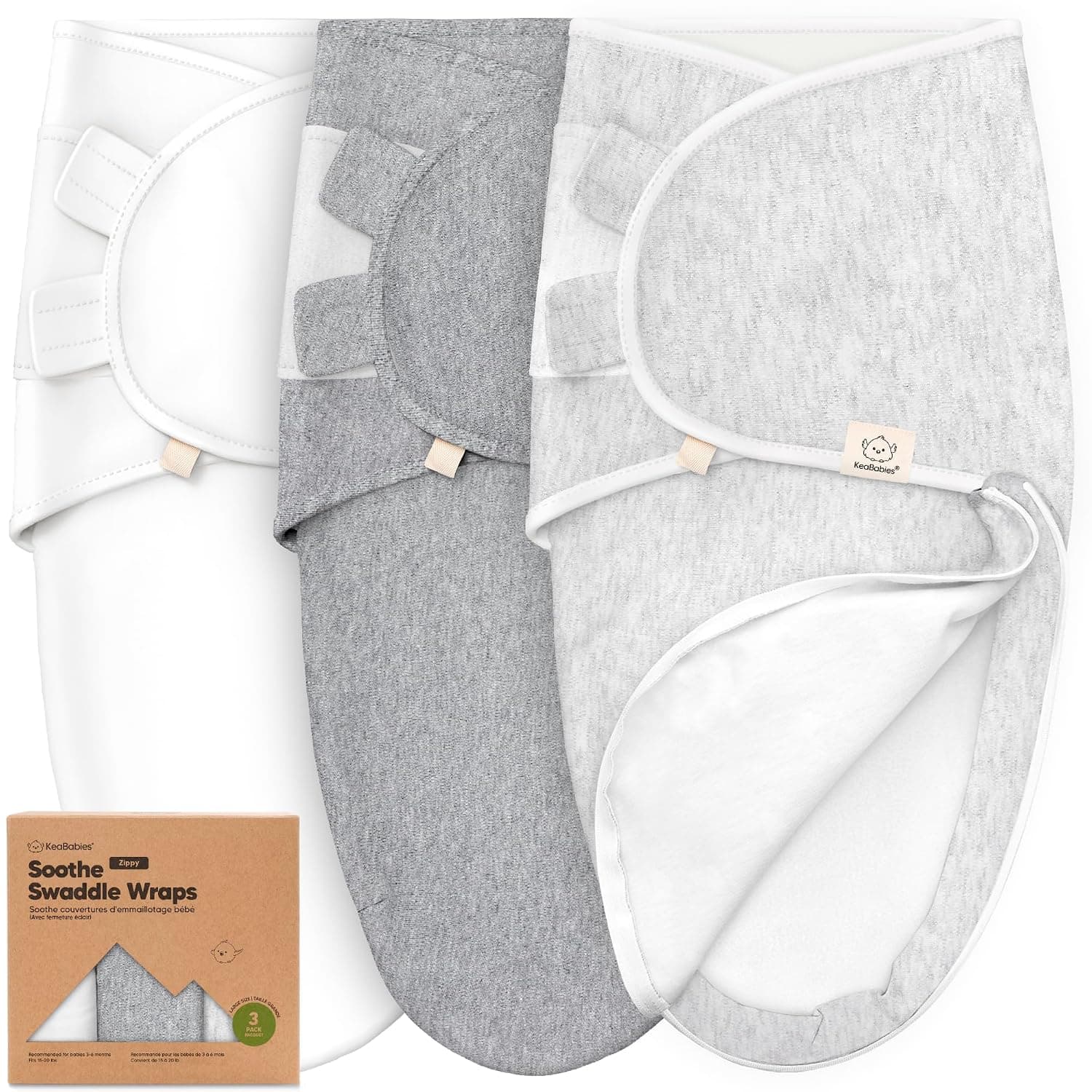 KeaBabies Soothe Zippy Swaddle Wrap, 3-Pack Cloud, Easy Zip Baby Swaddle Blanket, Soft Breathable Newborn Wrap, Secure Infant Sleep Essentials
