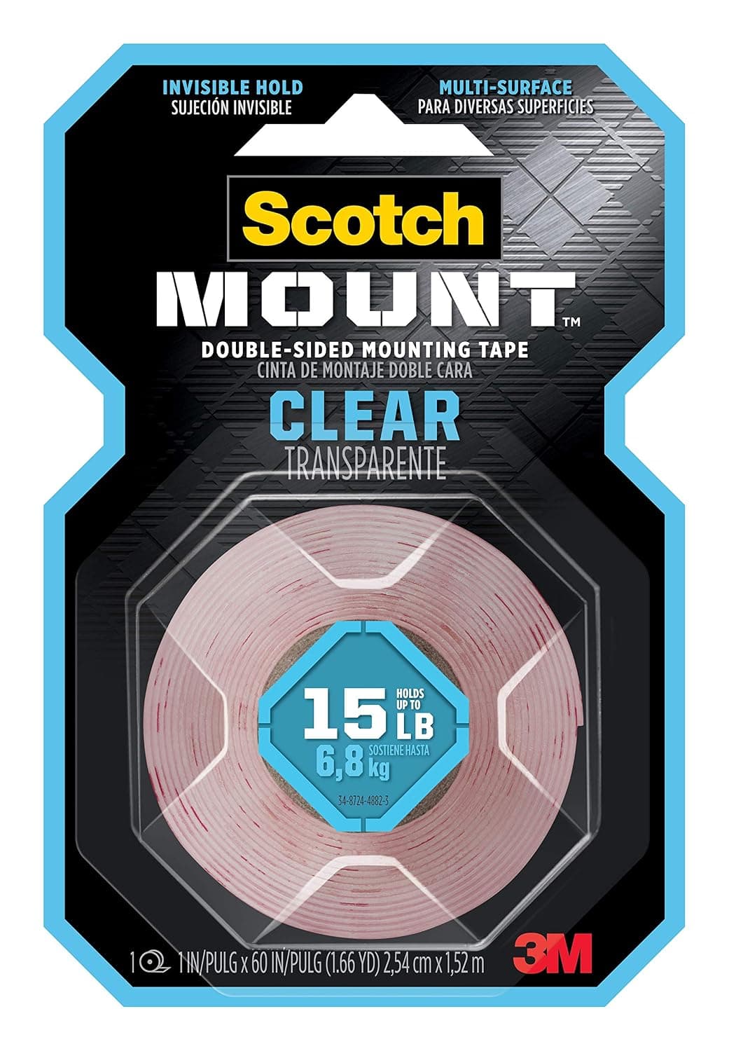 Scotch Mount Clear Tape 1 in x 60 in (2.54cm x 1.52m), 1 roll/pack | Holds 6.8 kg whole roll | Transparent color | Multi-Surface | Easy to use | No Tools | Double Sided Adhesive Tape