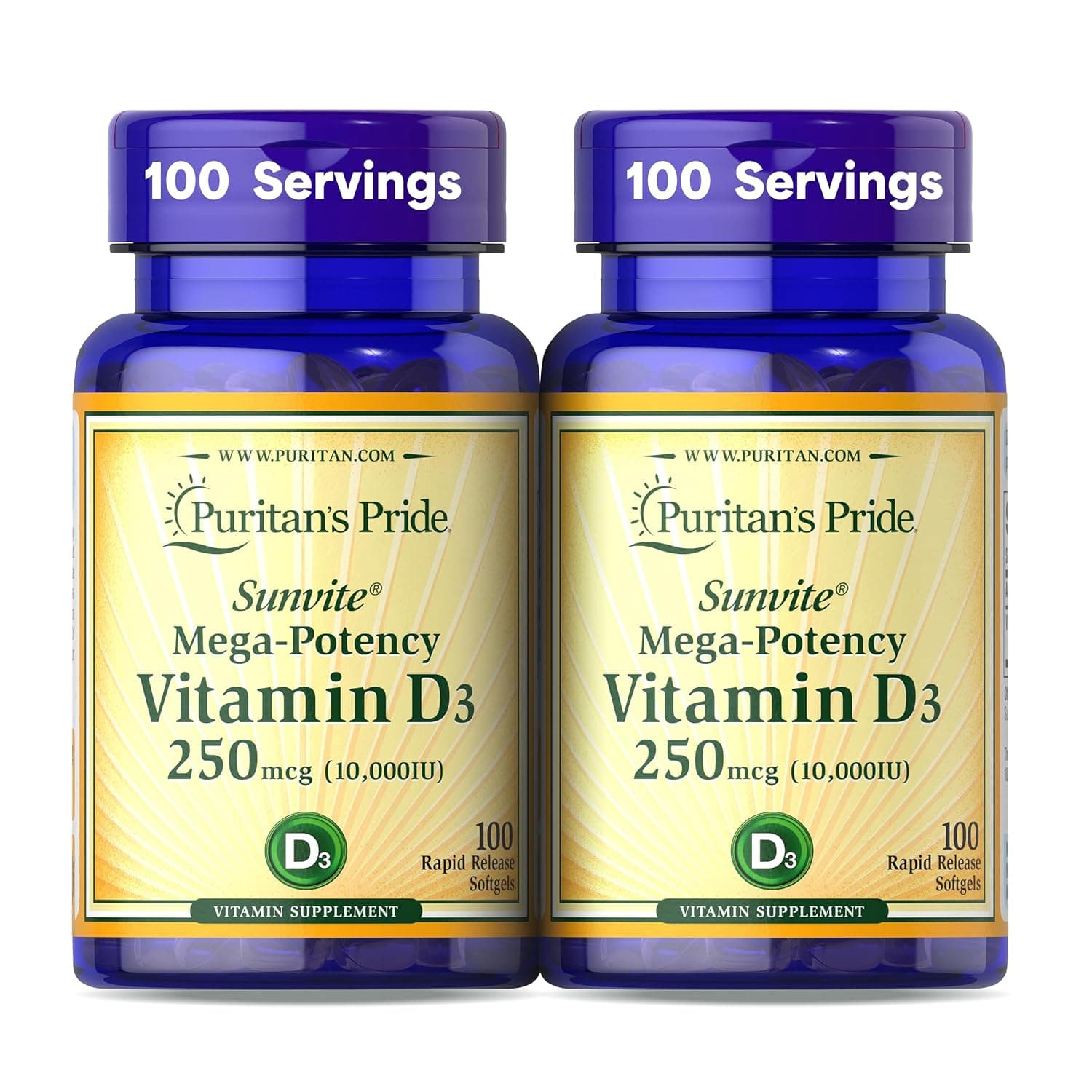 Puritan's Pride Vitamin D3 10,000 IU, Twin Pack 200 Total Count