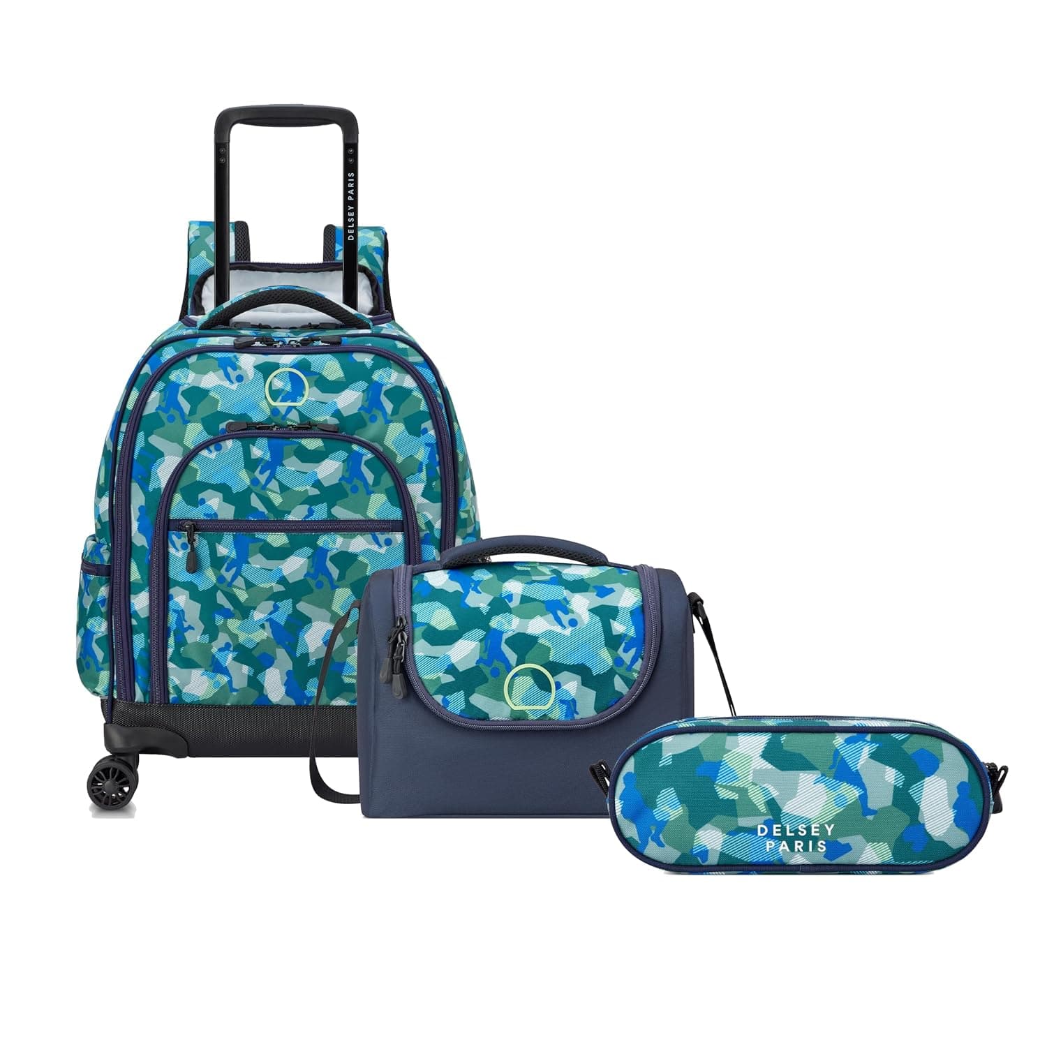 Academie 3-Piece Kids School Trolley Wheeled Backpack + Pencil Case + Lunch Bag (Set of 3pcs) - Camo Blue