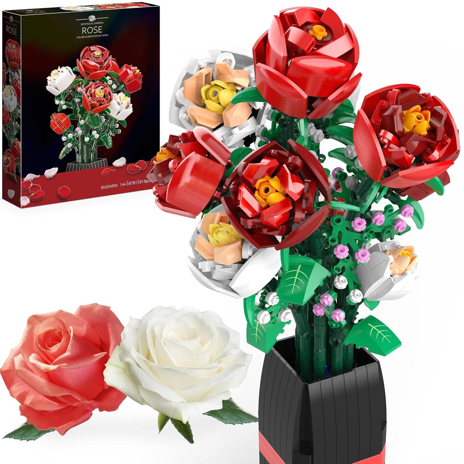 Flowers Bouquet Building Set (818 PCS) - Christmas, Mother's Day, or Valentine's Gifts Ideal for Kids, Women,Girls and Boys, Roses Toy Building Set with Vase
