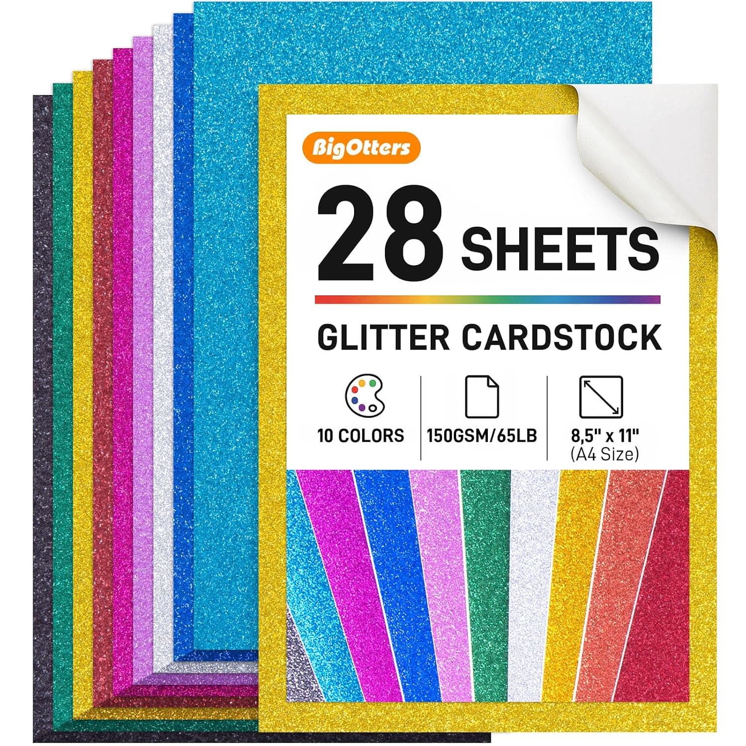 BigOtters 30 Sheets Glitter Cardstock Paper, A4 Sparkly Paper Premium Craft Cardstock Self-Adhesive Glitter Sticker Paper for Art Projects Gift Wrapping Party Decorations 10 Colors 250gsm