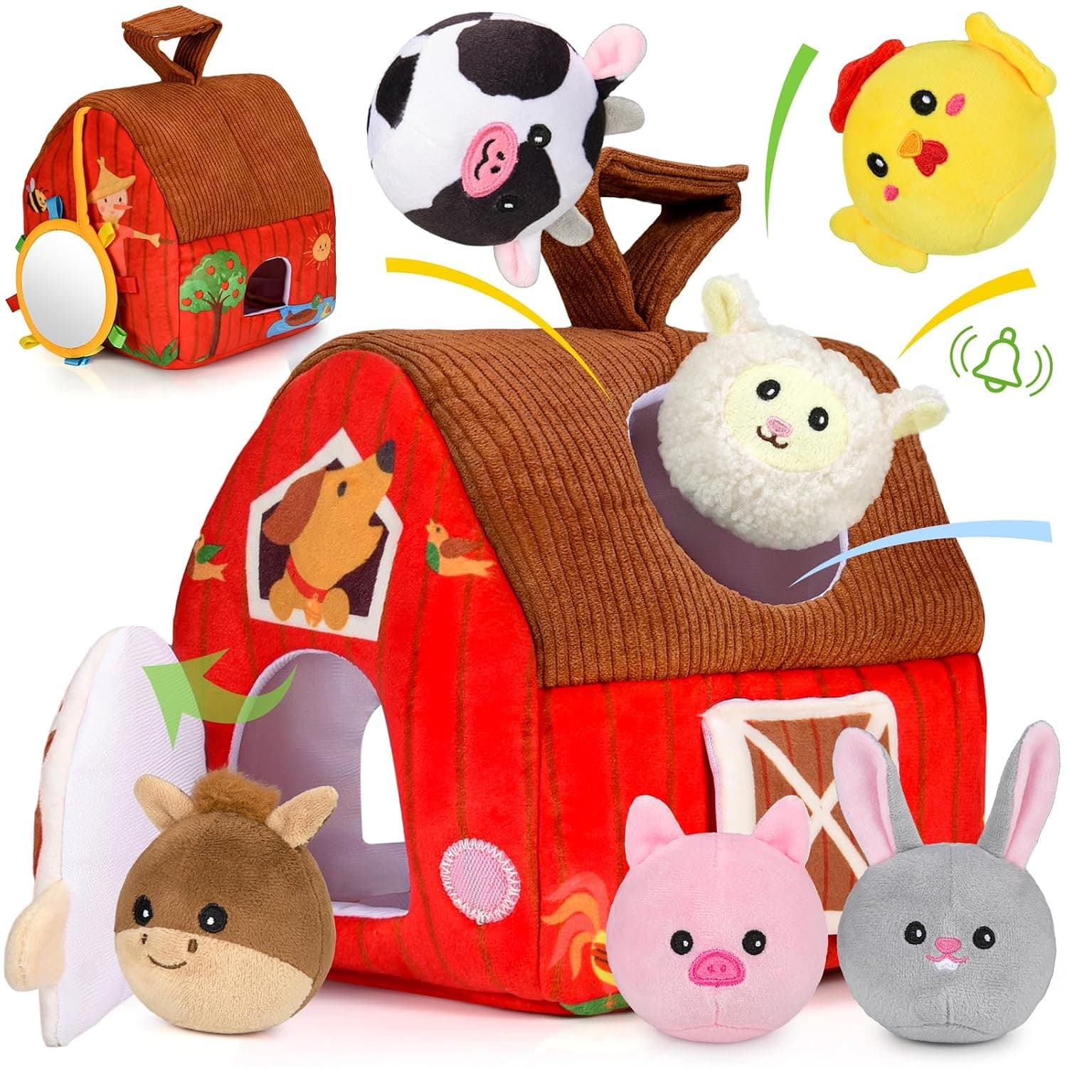 Baby Toys 6-12 Months, Plush Surprise Barn with Stuffed Farm Animals, Rattle, Crinkle Paper, Mirror, Busy Montessori Toys for Babies, Infant, Newborn, Sensory Toys for Toddlers 1-3