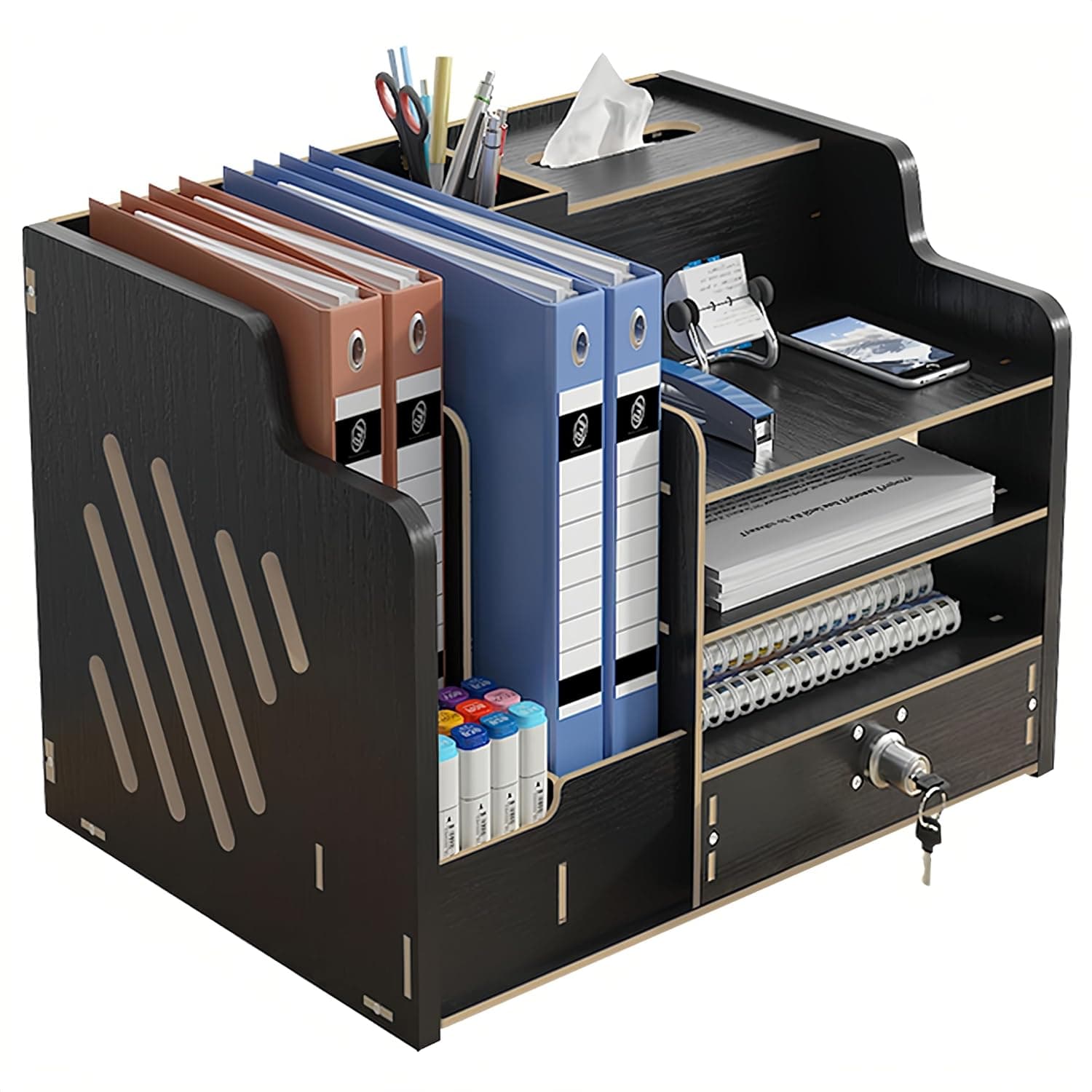 Updated Wooden Desk Organiser, Large Capacity Desk Tidy Storage Holder Sorter, Pen Holder and Tissue Holder, 1 Drawer with lock for Office, Home,A4 Papers, Document and Notebook (Black)