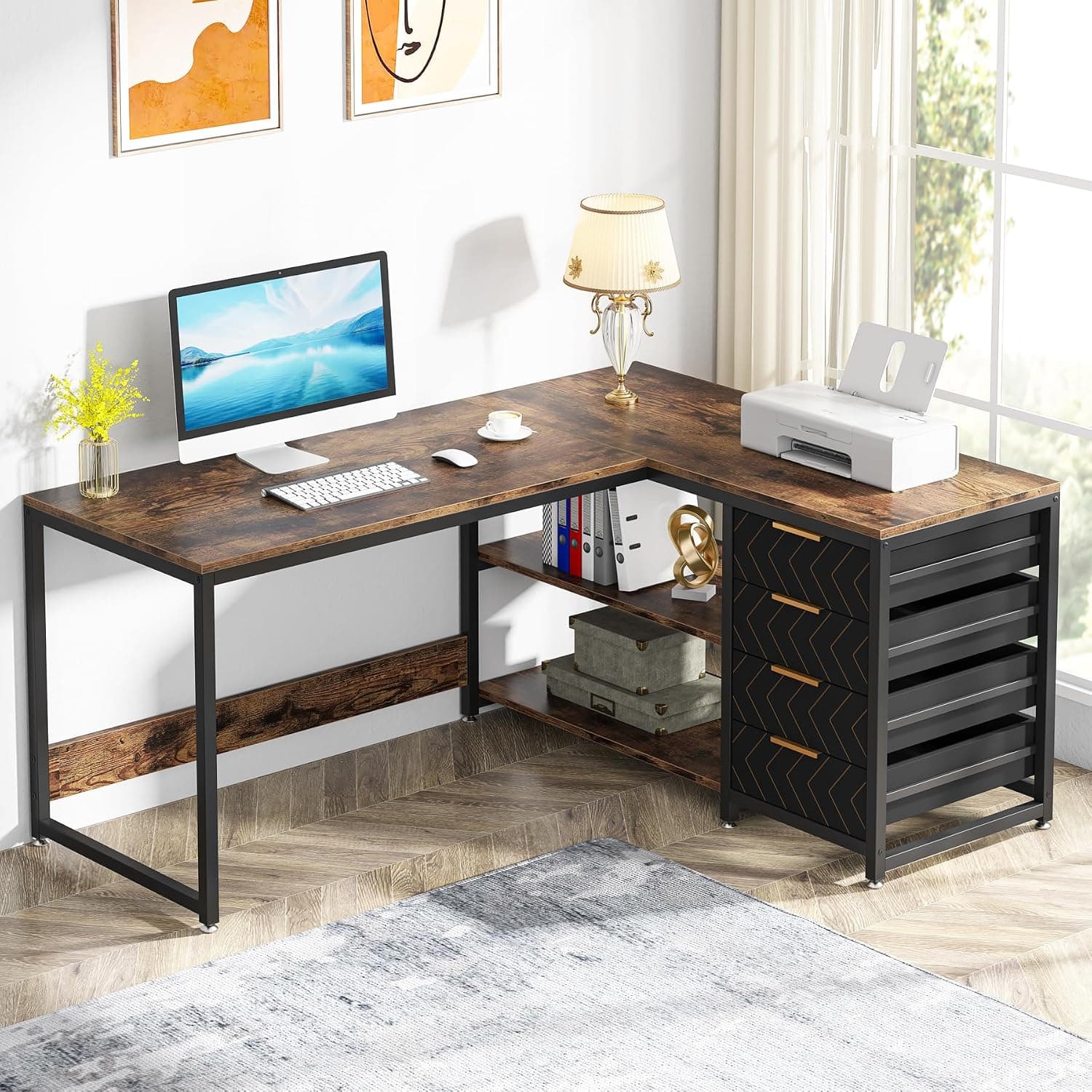Tribesigns Desk with 4 Drawers, L-Shaped Computer Desk with 2 Shelves, Double Sided Corner Desk for Office, Study Living Room, 150 x 110 x 75 cm (Brown)