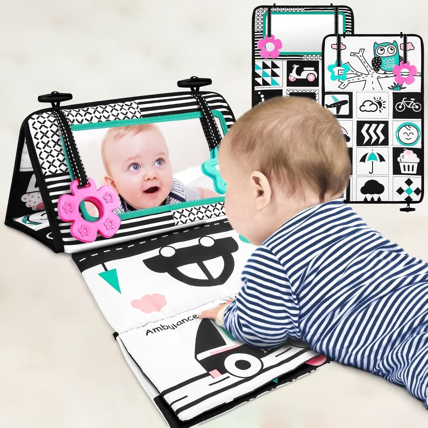 Baby Tummy Time Mirror Flip Mirror for Baby Play Newborn Mirror Toy with Teether Black and White Sensory Toys Soft Cloth Book Developmental Gift for Infants Girls Boys 0 6 Months Green