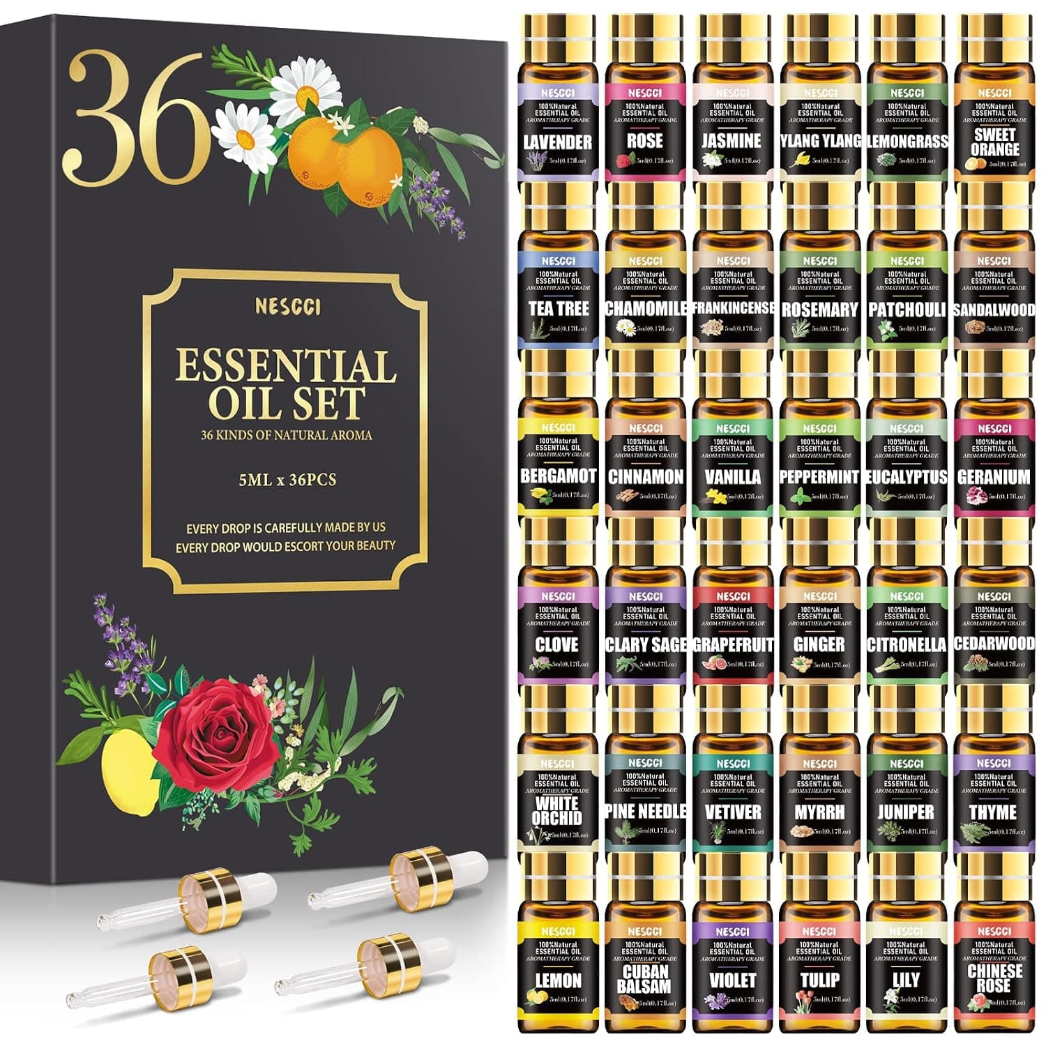 NESCCI Essential Oil Set - Essential Oils 36 x 5ML -Essential Oils Gift Set | Essential Oils Gift Set for Diffuser, Humidifier, Soap, Candle, Bath Bombs Making, Halloween, Christmas