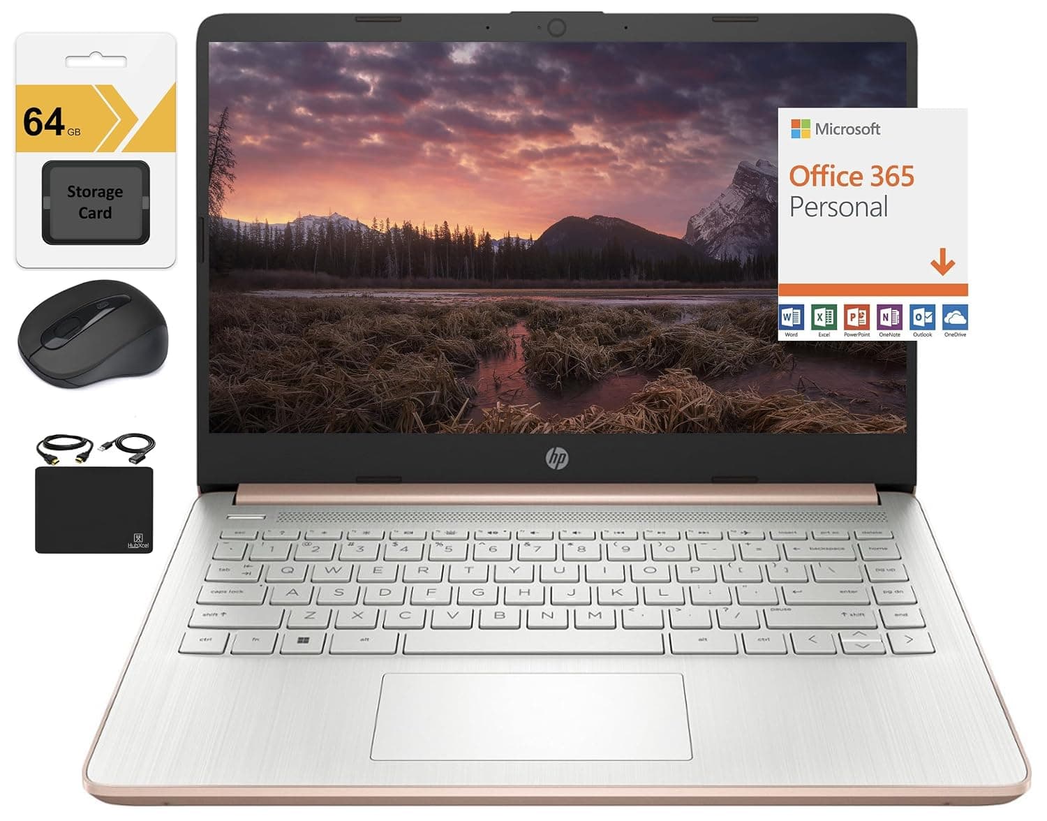 HP New 14" HD Ultra Light Thin Laptop, Quad-Core Intel Celeron Processor, 4GB RAM, 128GB (64GB eMMC+ 64GB Card), Wi-Fi, Upto 11 Hours, Windows 11 S + 1 Year Office 365+HubxcelAccessory, Rose Gold
