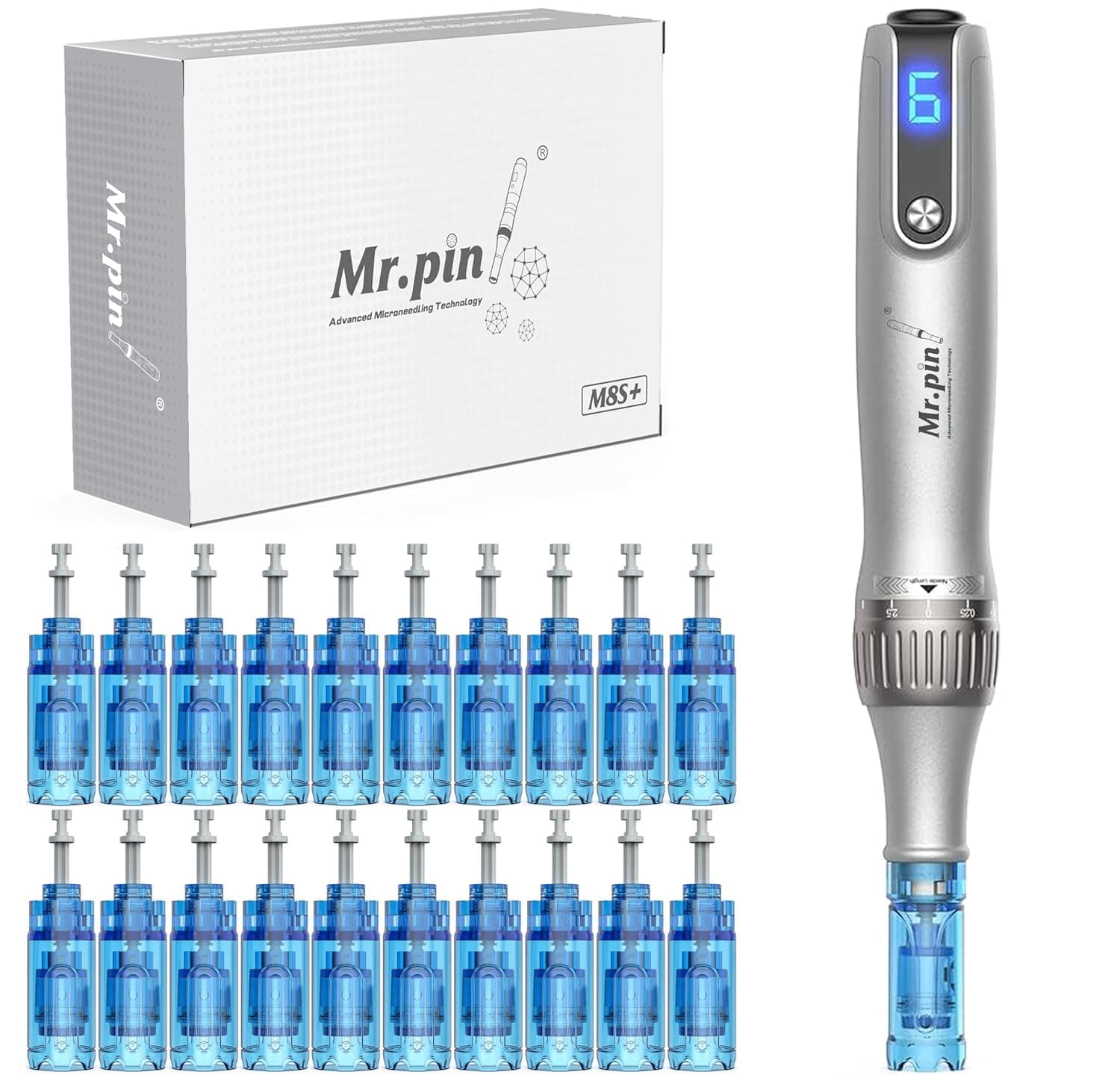 Original Dermapen Mr.Pin M8S+ | Wireless with 22 Pieces Replacement Cartridges in Different Sizes - for Skin and Hair Care