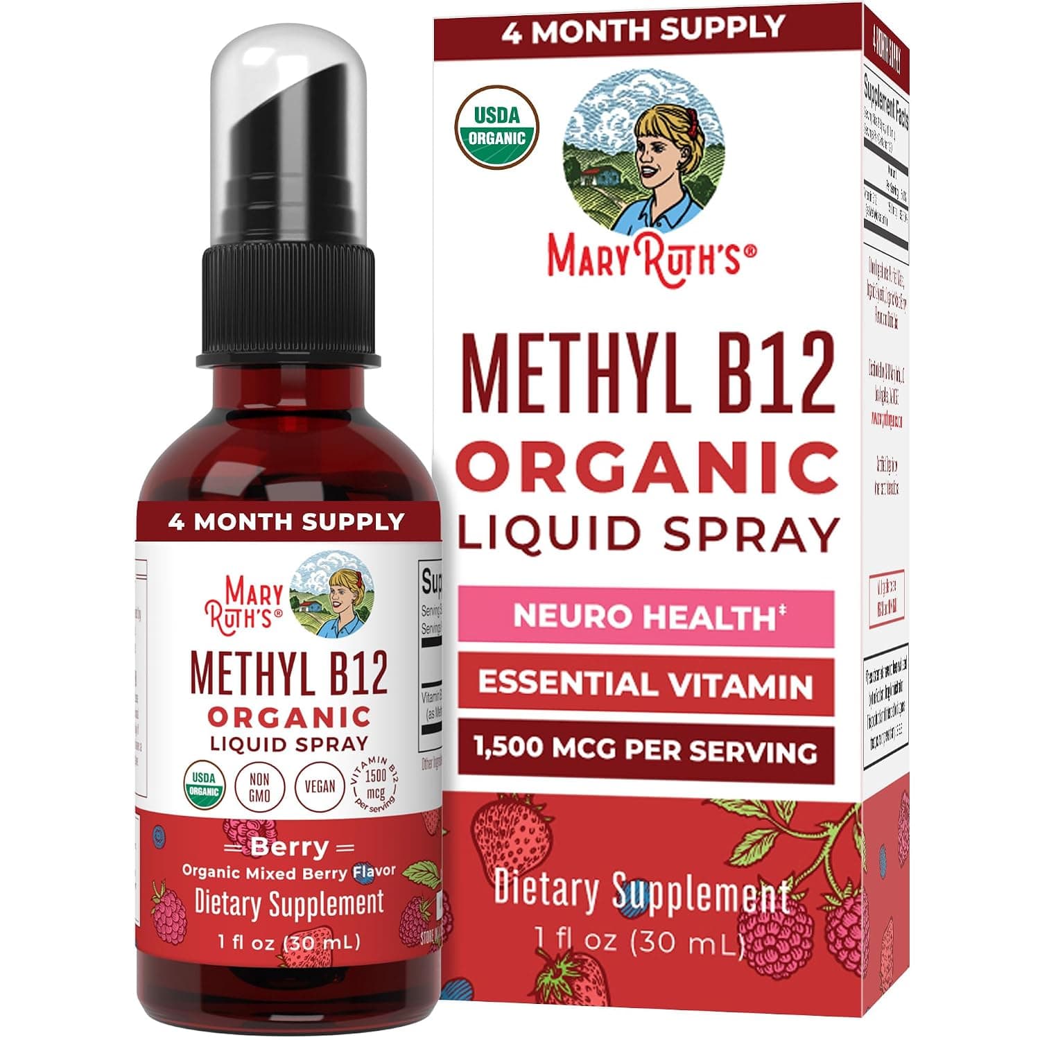 Vitamin B12 Spray | USDA Organic Vitamin B12 Liquid Supplement for Nerve Function, Energy Support | Vegan | Non-GMO | Gluten Free | 1 Fl Oz