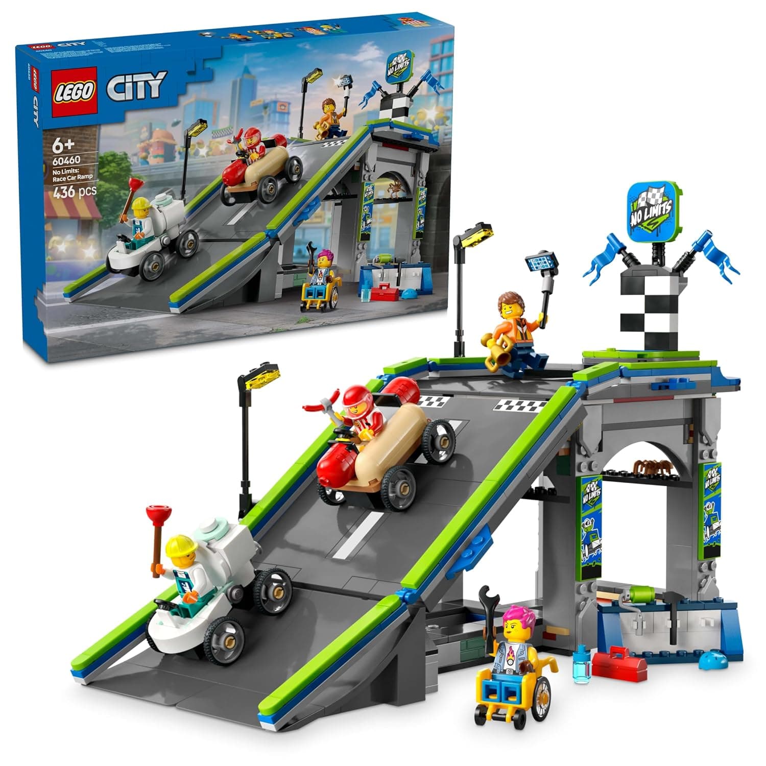 LEGO City No Limits: Race Car Ramp Track Set - Building Toys for 6+ Year Old Boys & Girls - Buildable Ramp for Racing with 2 Soapbox Cars & 4 Minifigures - Fun Birthday Gift Idea - 60460