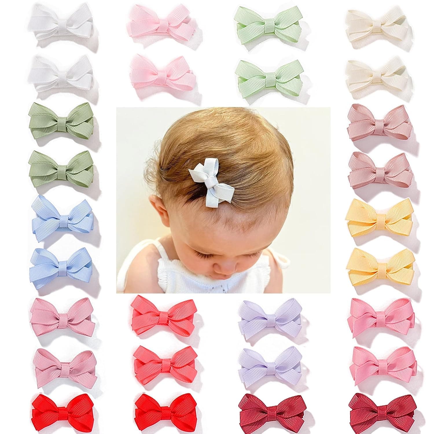28 Pack 2 Inch Mini Bow Snap Clips, Baby Girls Grosgrain Ribbon Bows and Tiny Hair Clips for Fine Hair, Handmade Boutique Barrettes for Infants and Toddlers, 14 Assorted Colors, Multicolor