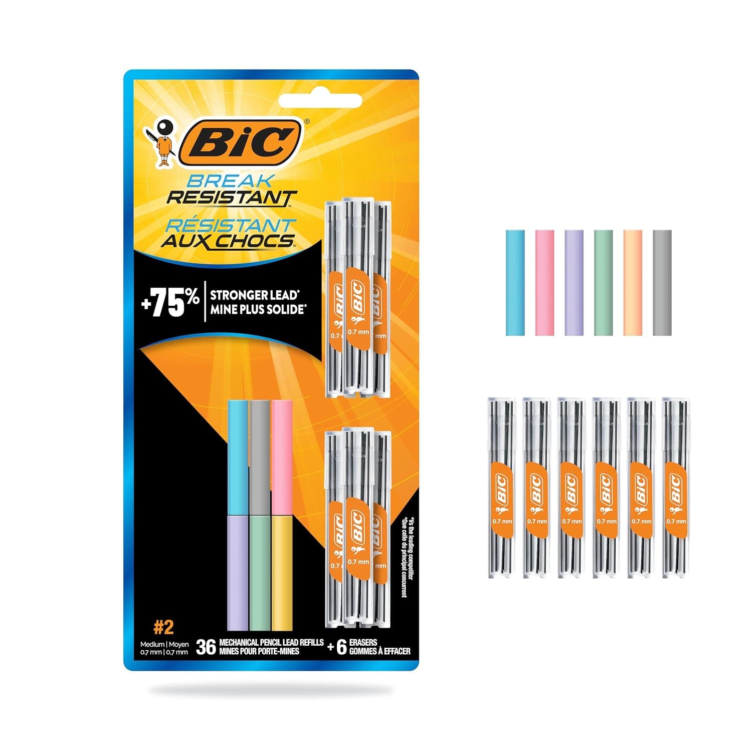 BIC Break Resistant Mechanical Pencil Lead and Eraser Refills, No. 2 Medium Point (0.7mm), 12-Count Refill Pack for School or Office Supplies