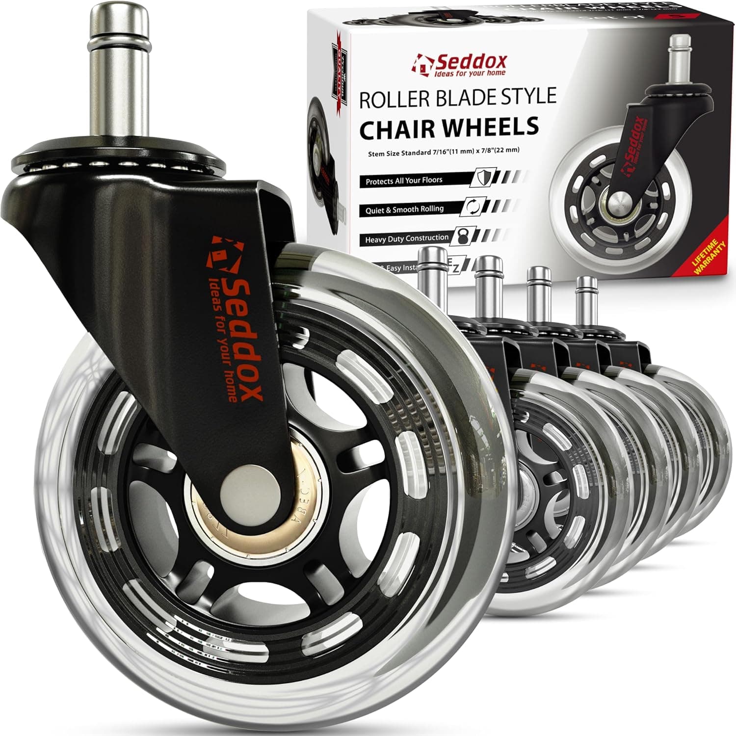 Office Chair Wheels Replacement Set of 5 - Desk Chair Casters for Hardwood & Carpet - Heavy Duty & Safe For All Floors w/o Chair Mats - Fits 98% of Computer Gaming & Office Chairs - 3 Inch