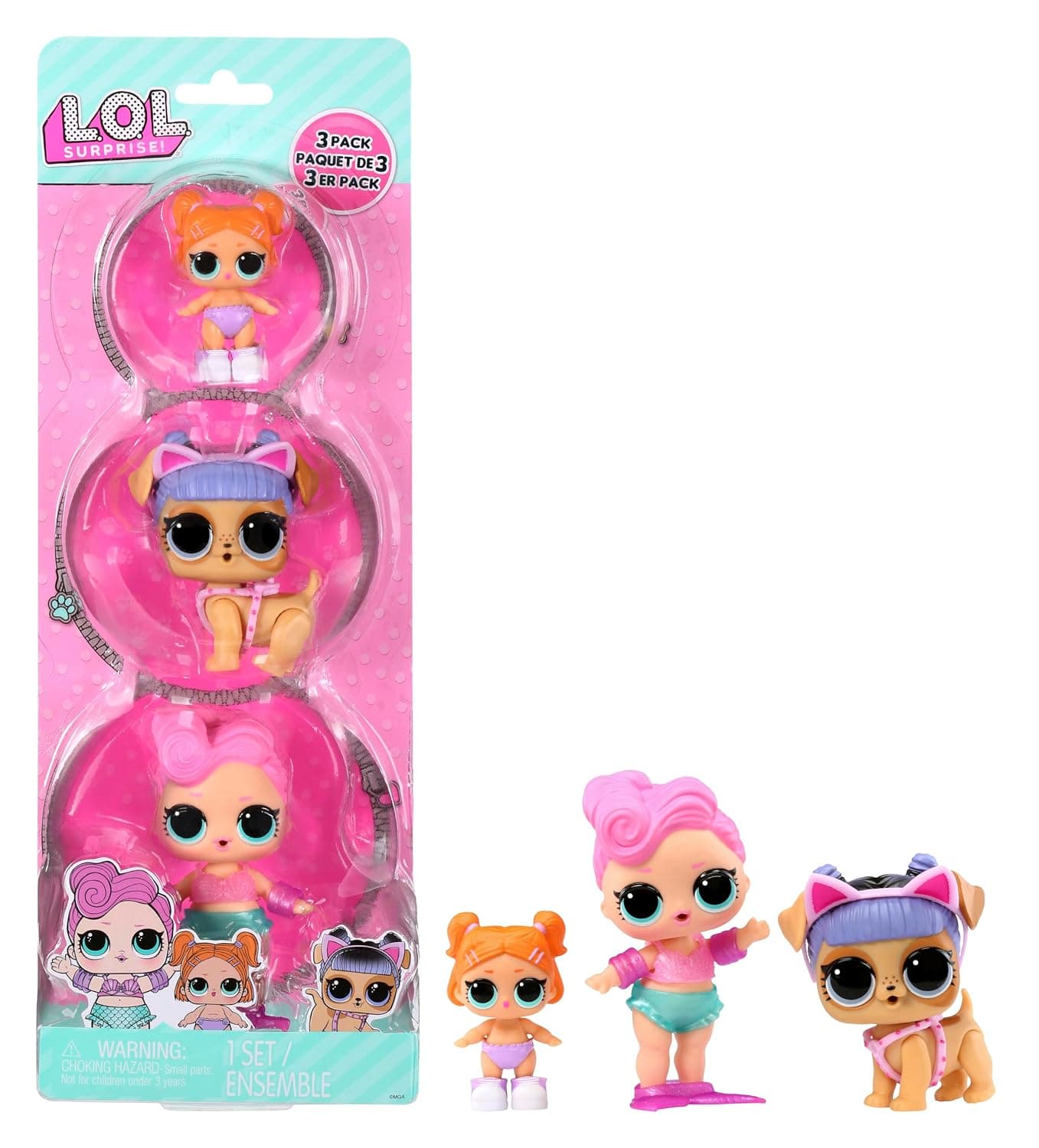 L.O.L. Surprise! Mini Dolls Set Pack of 3, Waves with Orange Hair, Pink Kansas K9 Puppy, Lil Beats with Collectible Surprise Doll Gift Set with Accessories for Kids, Age 3+