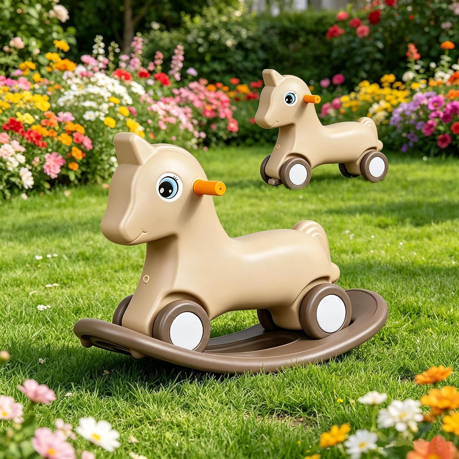 JCB_CHIC 2 in 1 Rocking Horse for Toddlers 1-3,Convertible Balance Bike Ride On Toy with Detachable Rocking Board,Silent Smooth Wheels Safe Baby Play Toy (Brown)