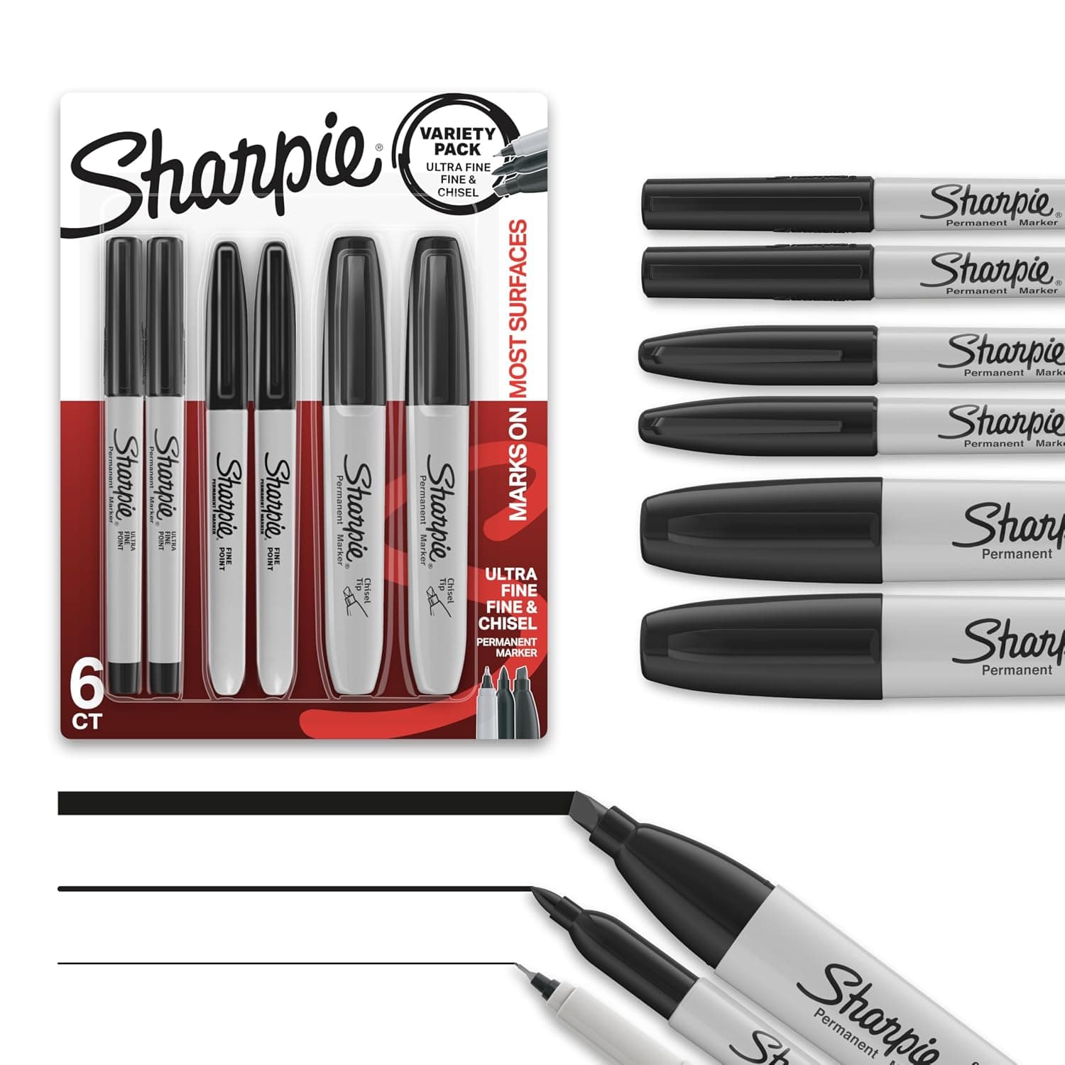 Sharpie Permanent Markers Variety Pack, Featuring Fine, Ultra Fine, and Chisel Point Markers, Black, 6 Count