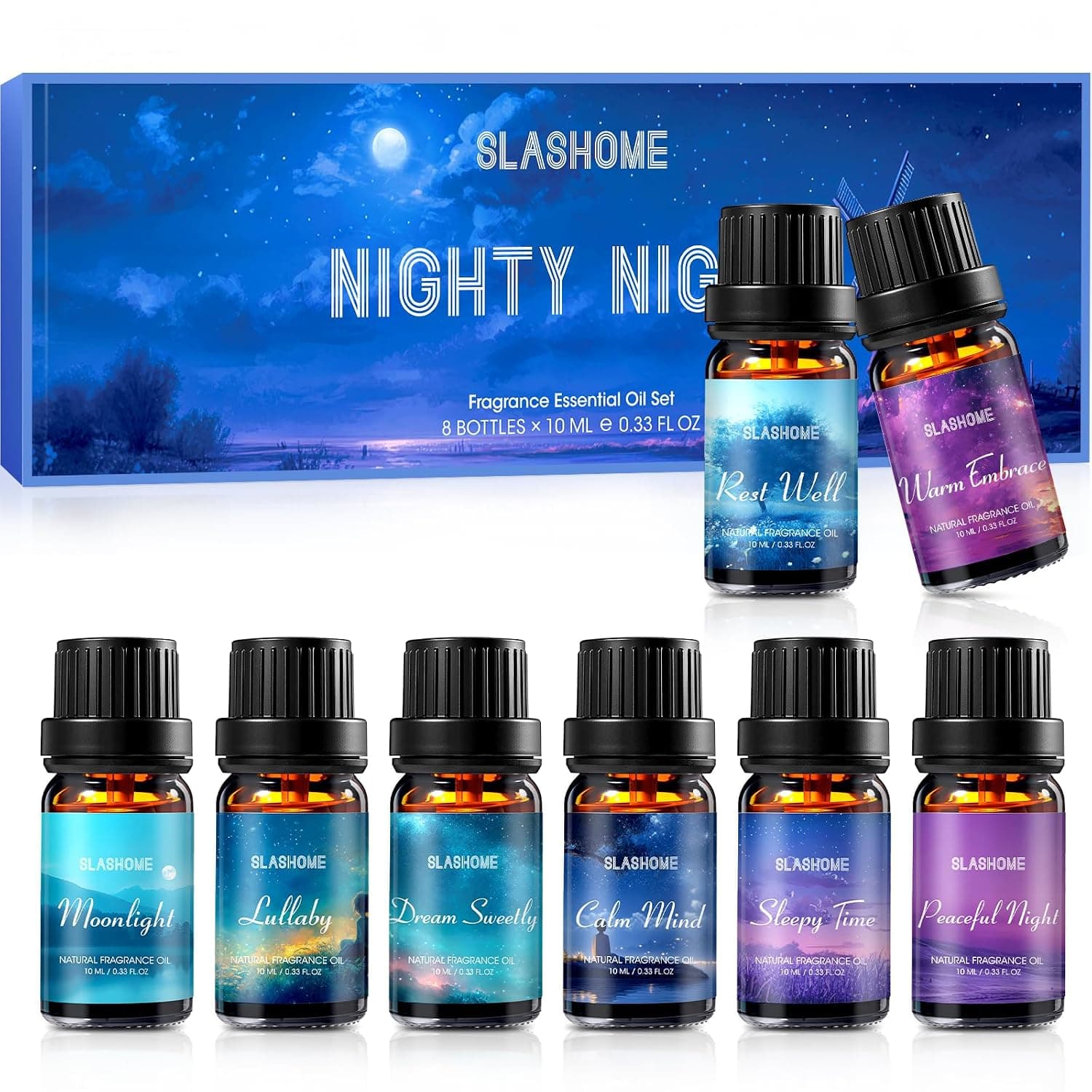 Good Night Essential Oils Set | 8 Pcs Sleep Aromatherapy Oils for Diffuser, Fragrance Oil for Candle, Aromatherapy Gift Set, Sleepy Time, Rest Well, Moonlight, Dream Sweetly, Peaceful Night, & More
