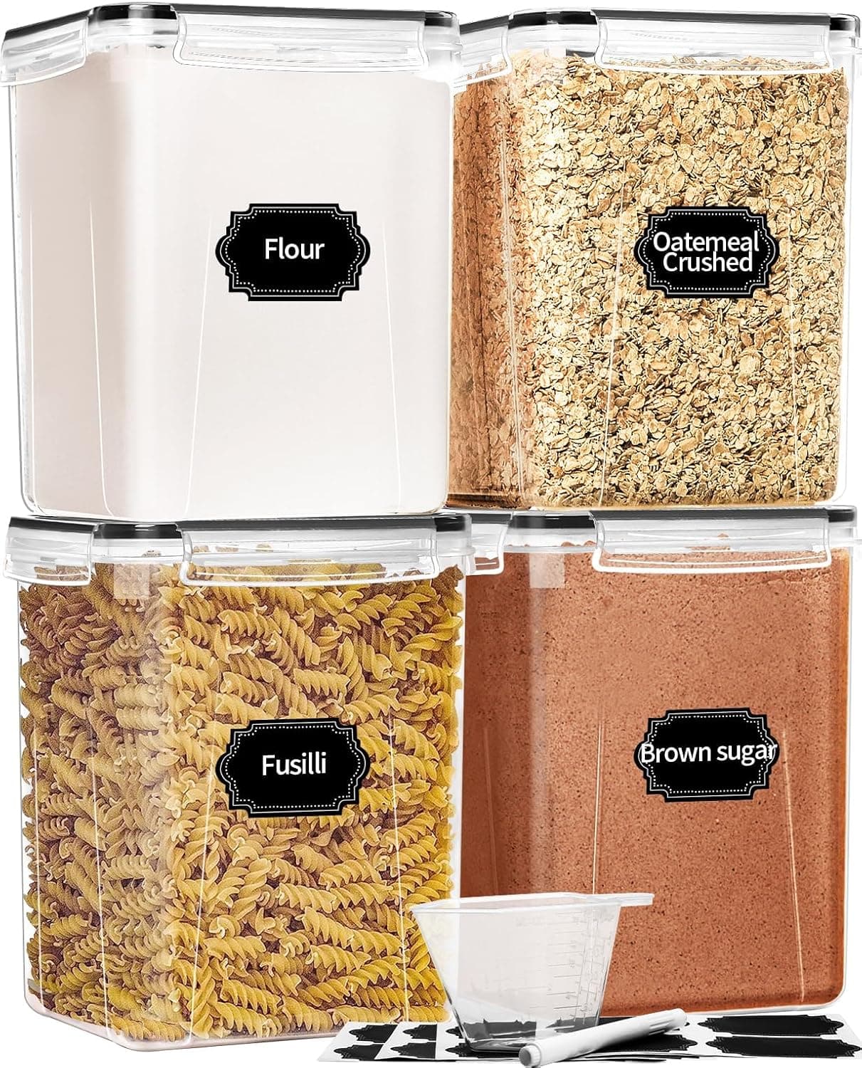 TRASSLE 4Pack Airtight Food Storage Containers with Lids 5.2L, Flour Storage Container for Kitchen Pantry Organizers and Storage, Storage Containers for Pantry, Measuring Cup & 24 Labels