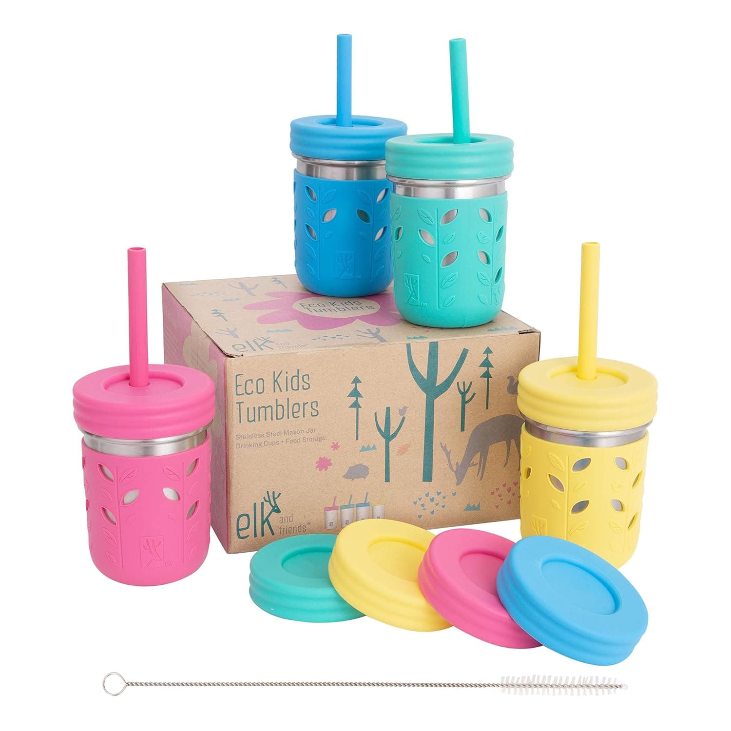 Elk and Friends Stainless Steel Cups | 10 oz Mason Jar design | Kids & Toddler Cups with Silicone Sleeves & Straws with Stopper | Smoothie Cups | Toddlers | Silicone Sleeves | Straws with Stoppers | Food Storage | Spill Resistant | Dishwasher Safe | Perfect for Smoothies