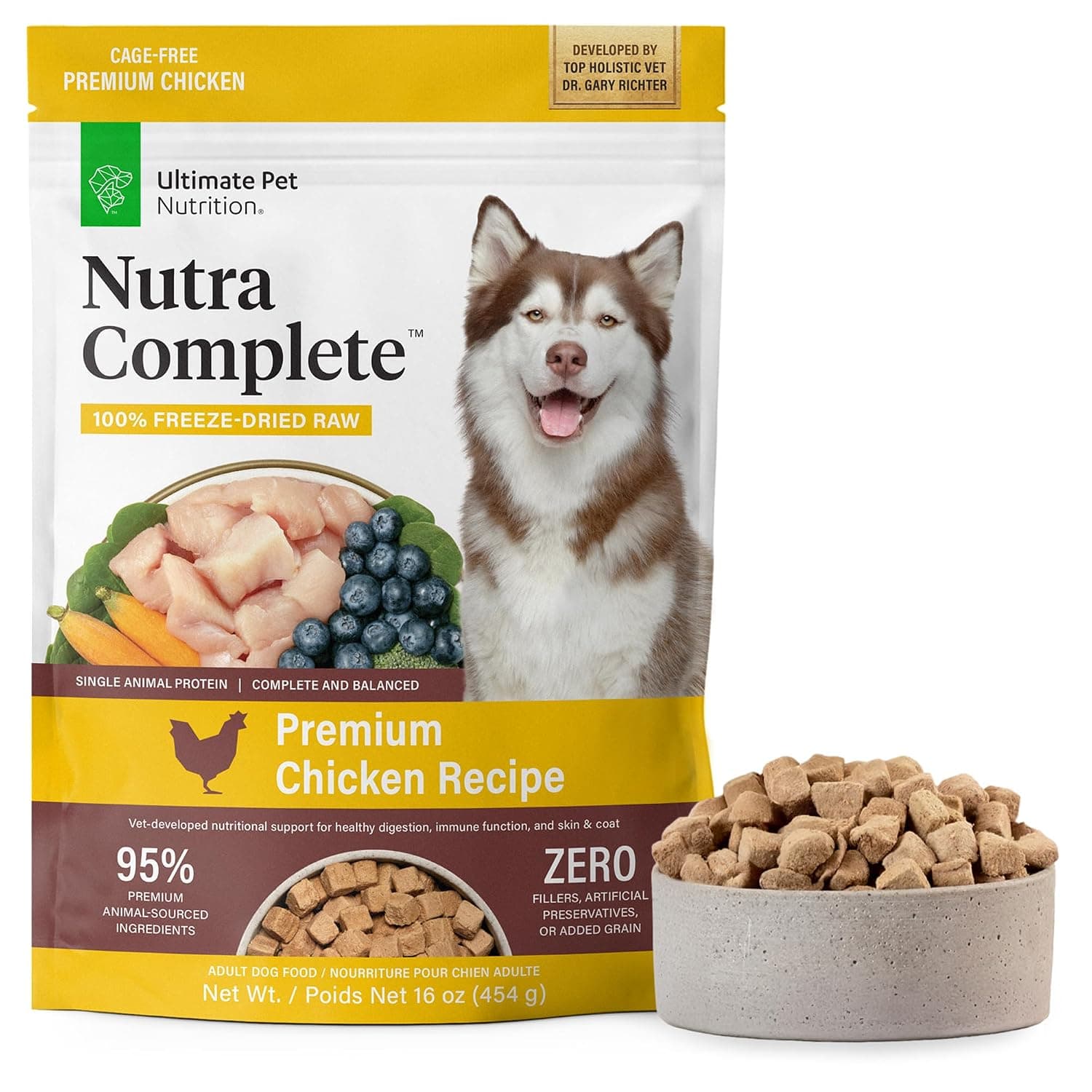 ULTIMATE PET NUTRITION Nutra Complete Freeze-Dried Dog Food, Chicken 1lb | Vet-formulated with antioxidants, prebiotics, & amino acids, full meal or topper for adult canines, all breeds & sizes