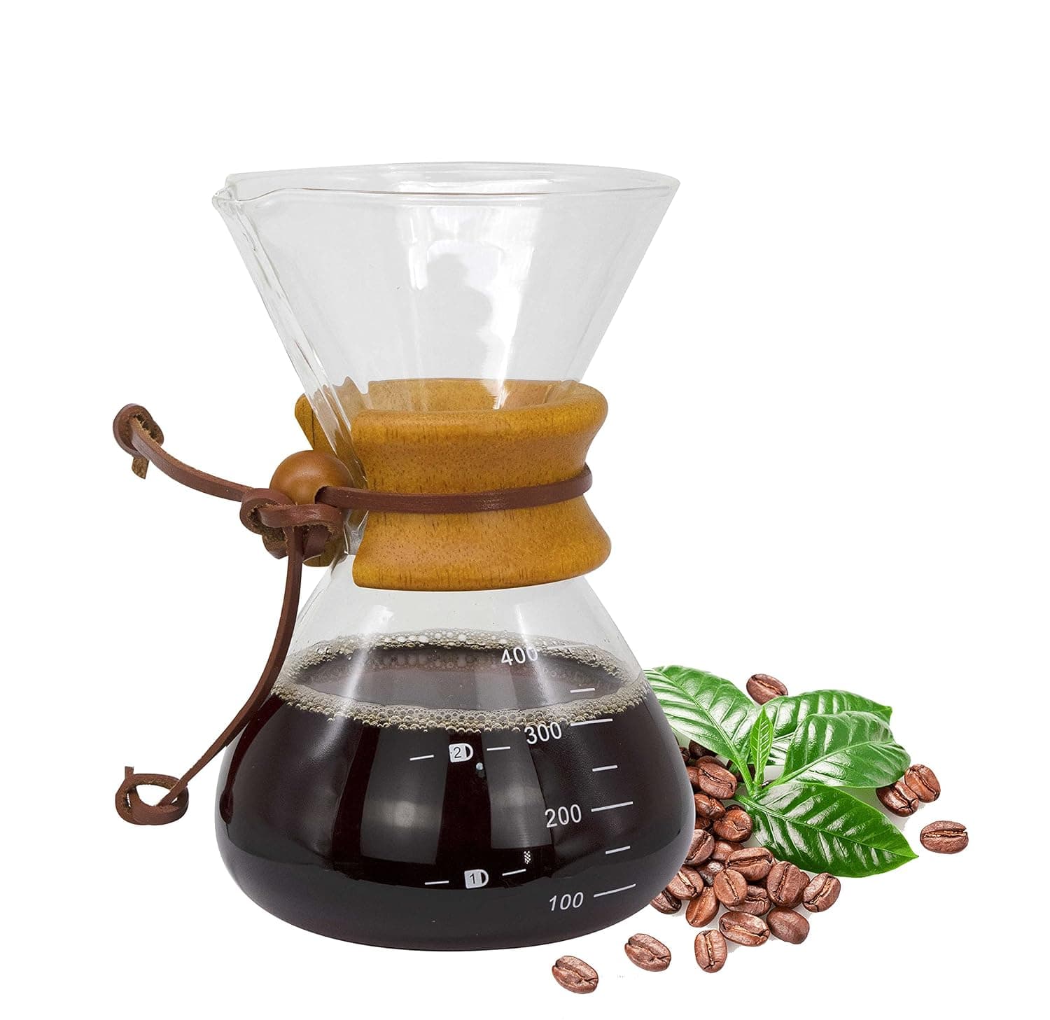 MIBRU Pour Over Chemex Style Coffee Maker | Drip Glass Pot Espresso Coffee Bowl Machine | Heat Resistant for Home Travel | Classic Series Wooden hoop 400ML إناء كمكس بمقبض خشبي وعاء صانع القهوة